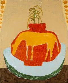 Jarrón Equino Etrusco - Pintura Bodegón Rojo Brillante, Marrón + Naranja con Planta