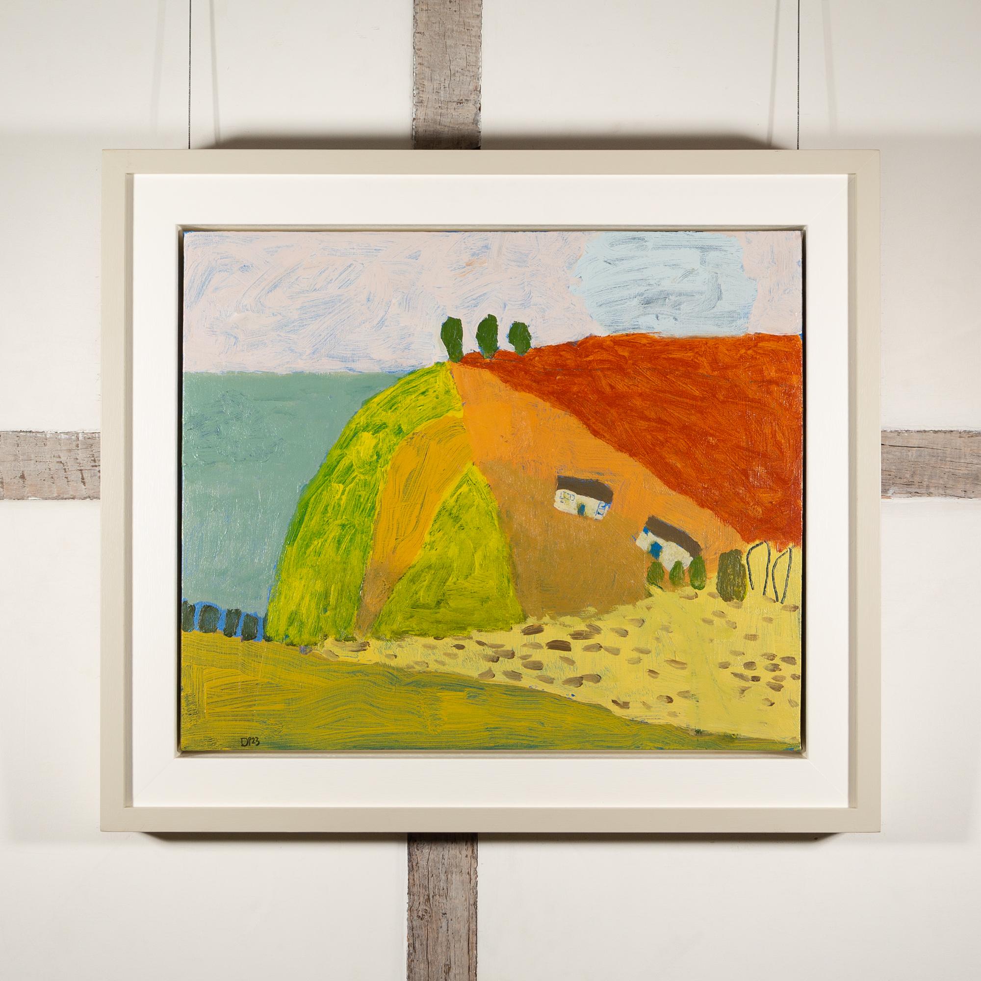 Granja Headland, 2023 - Pintura naïve de paisajes coloridos con casas y árboles - Painting de David Pearce
