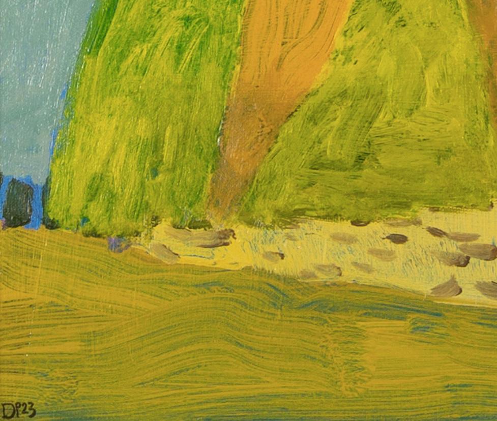 Granja Headland, 2023 - Pintura naïve de paisajes coloridos con casas y árboles - Figurative Painting Naranja de David Pearce