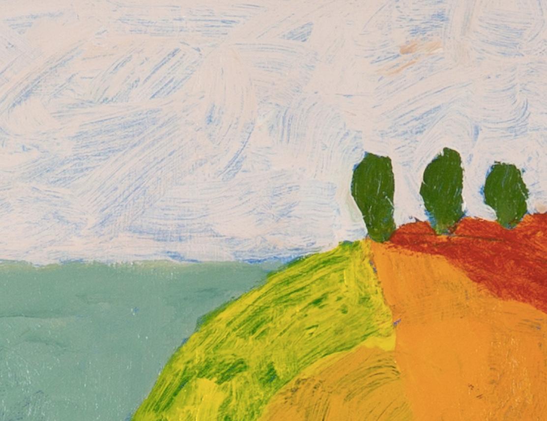 Granja Headland, 2023 - Pintura naïve de paisajes coloridos con casas y árboles en venta 1