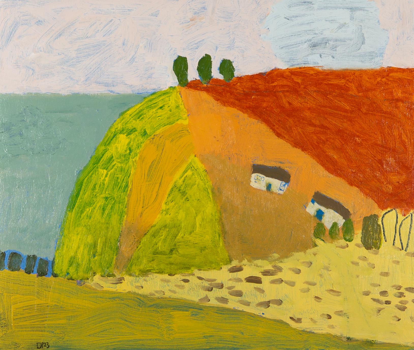 Figurative Painting de David Pearce - Granja Headland, 2023 - Pintura naïve de paisajes coloridos con casas y árboles