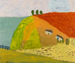 Granja Headland, 2023 - Pintura naïve de paisajes coloridos con casas y árboles