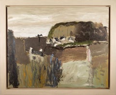 Hilltop Village, Acrylic on Canvas - Cornish landscape painting, brown, green