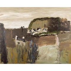 Hilltop Village, Acrylic on Canvas - Cornish landscape painting, brown, green