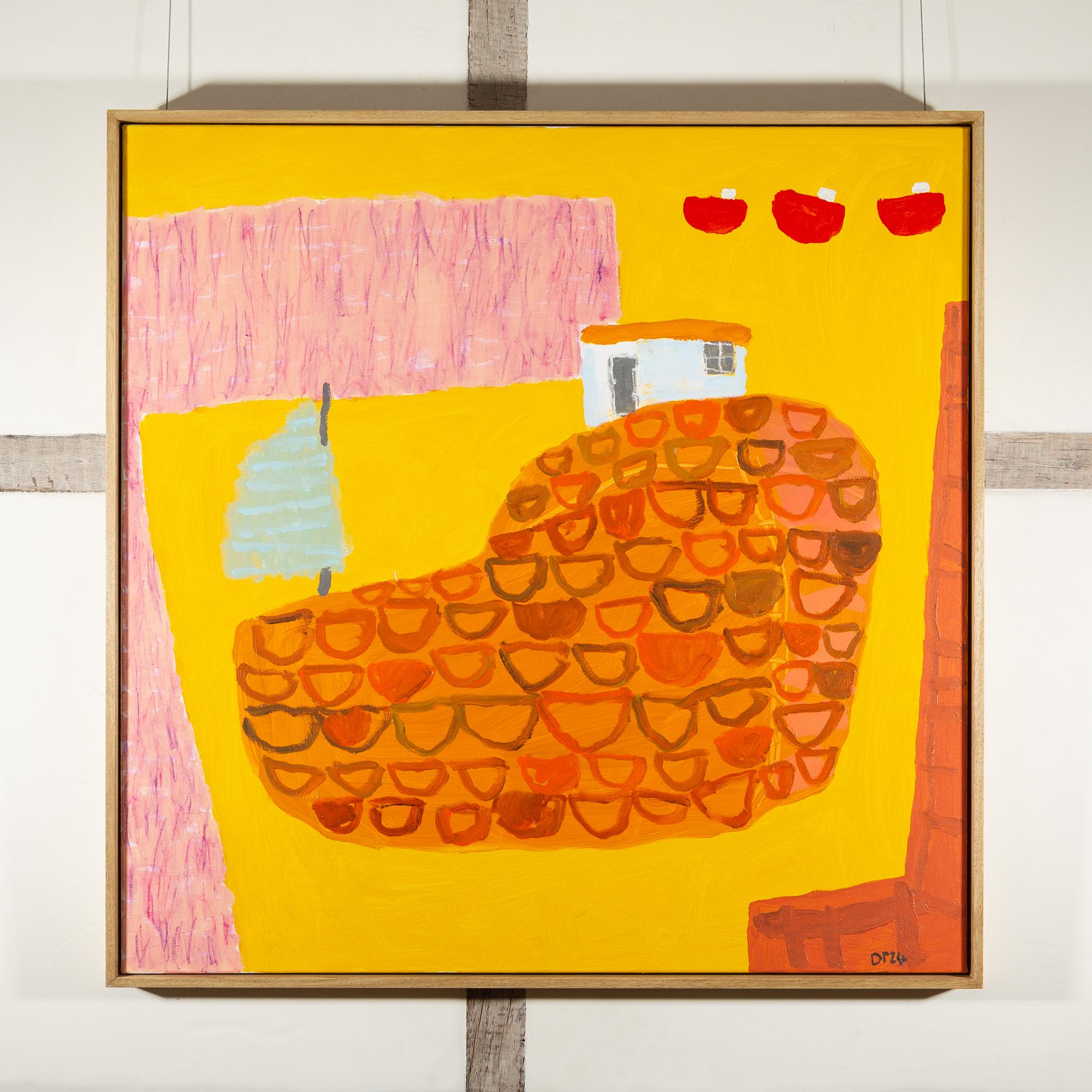 Barco grande, 2024 - Pintura acrílica paisaje marino de colores brillantes, amarillo + naranja - Painting de David Pearce