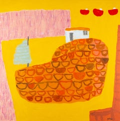Barco grande, 2024 - Pintura acrílica paisaje marino de colores brillantes, amarillo + naranja