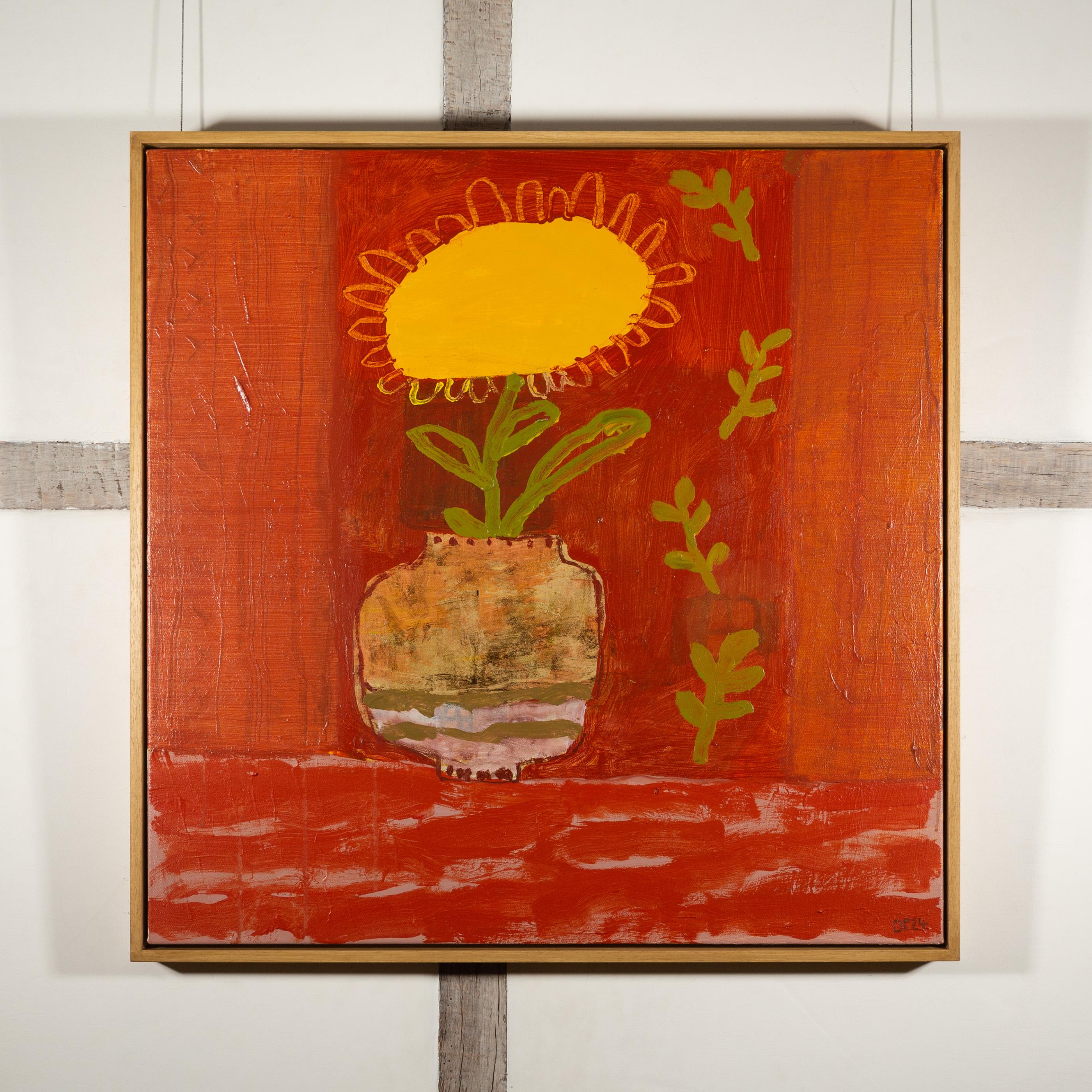 Girasol, 2024 - Bodegón contemporáneo Pintura acrílica de flor en rojo - Painting de David Pearce