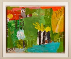 Village Pond - landscape painting with green, bright colour, mixed media,