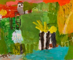 Village Pond - landscape painting with green, bright colour, mixed media,