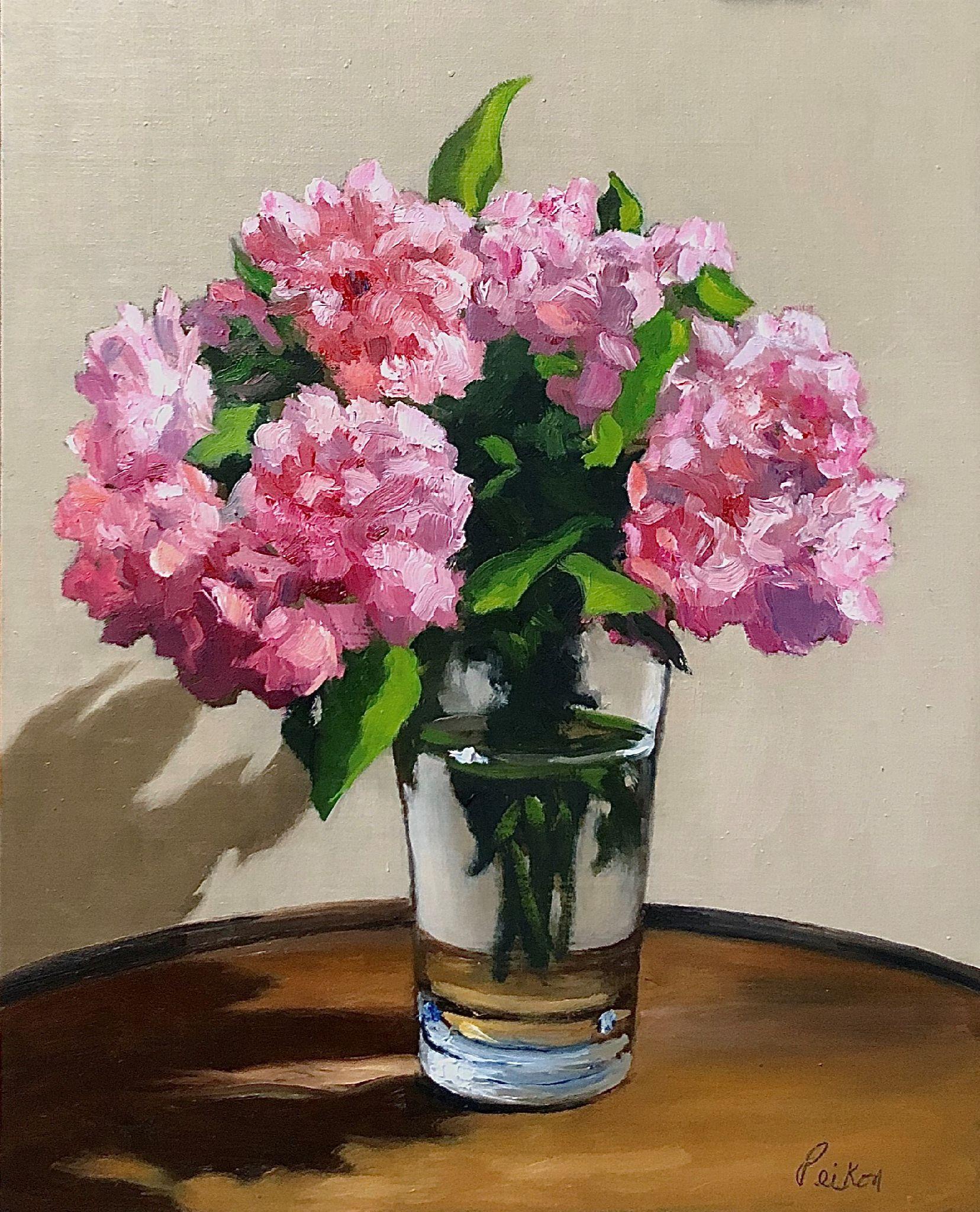 David Peikon Still-Life Painting - Pastis Glass with Cherry Blossoms
