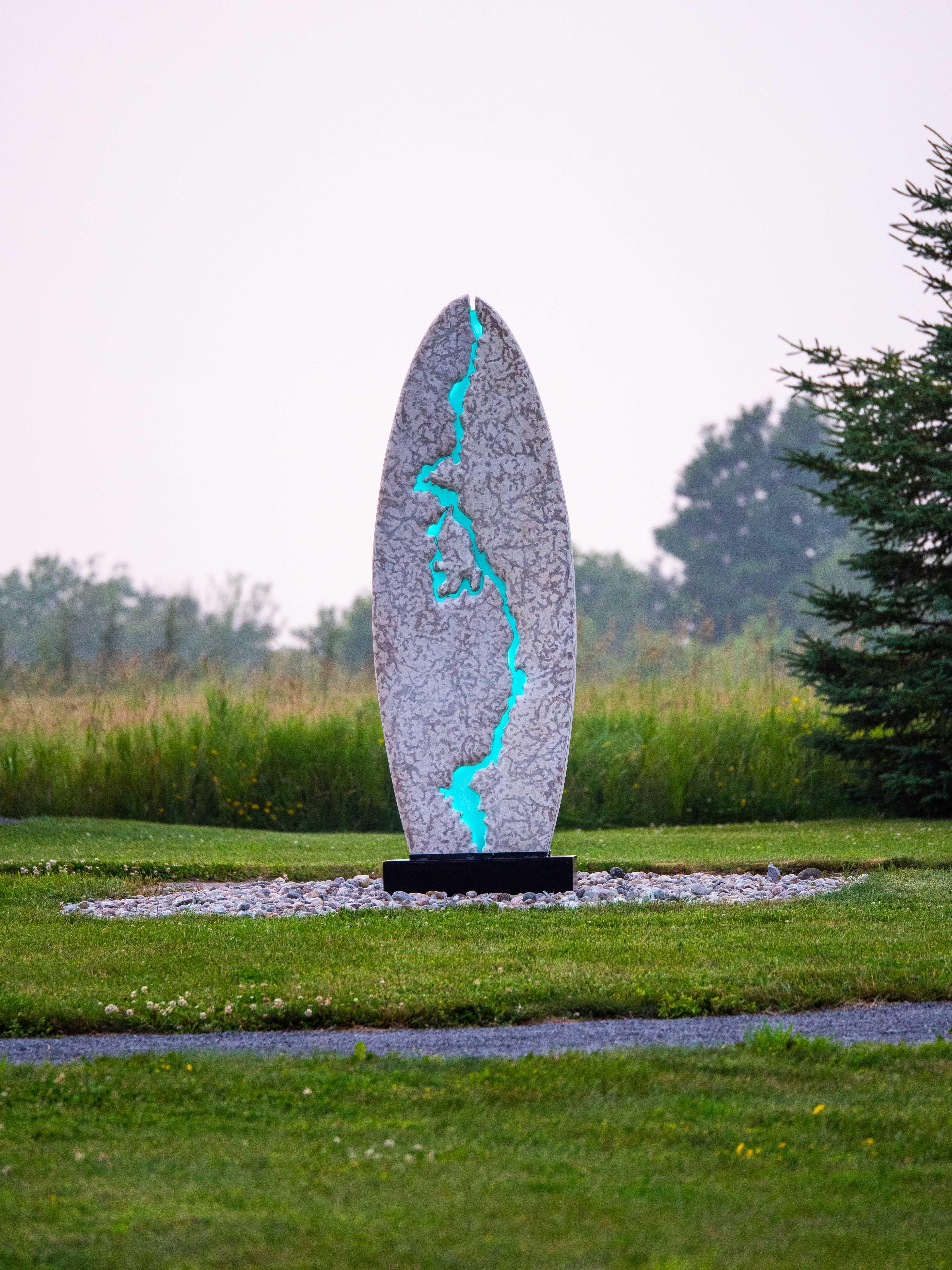 Bloodvein Monolith - large, illuminated, limestone and glass outdoor sculpture For Sale 4