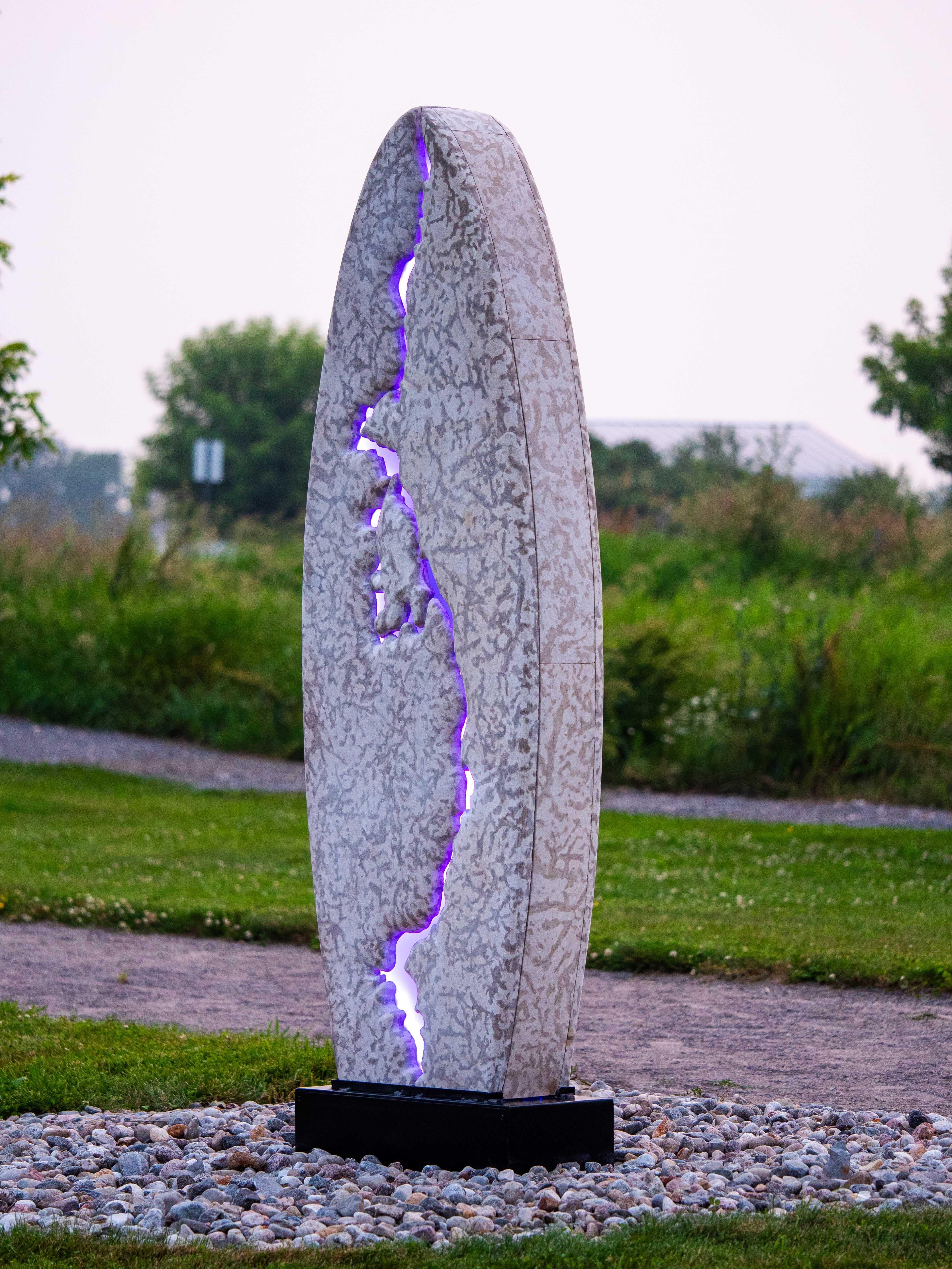 Bloodvein Monolith - large, illuminated, limestone and glass outdoor sculpture For Sale 5