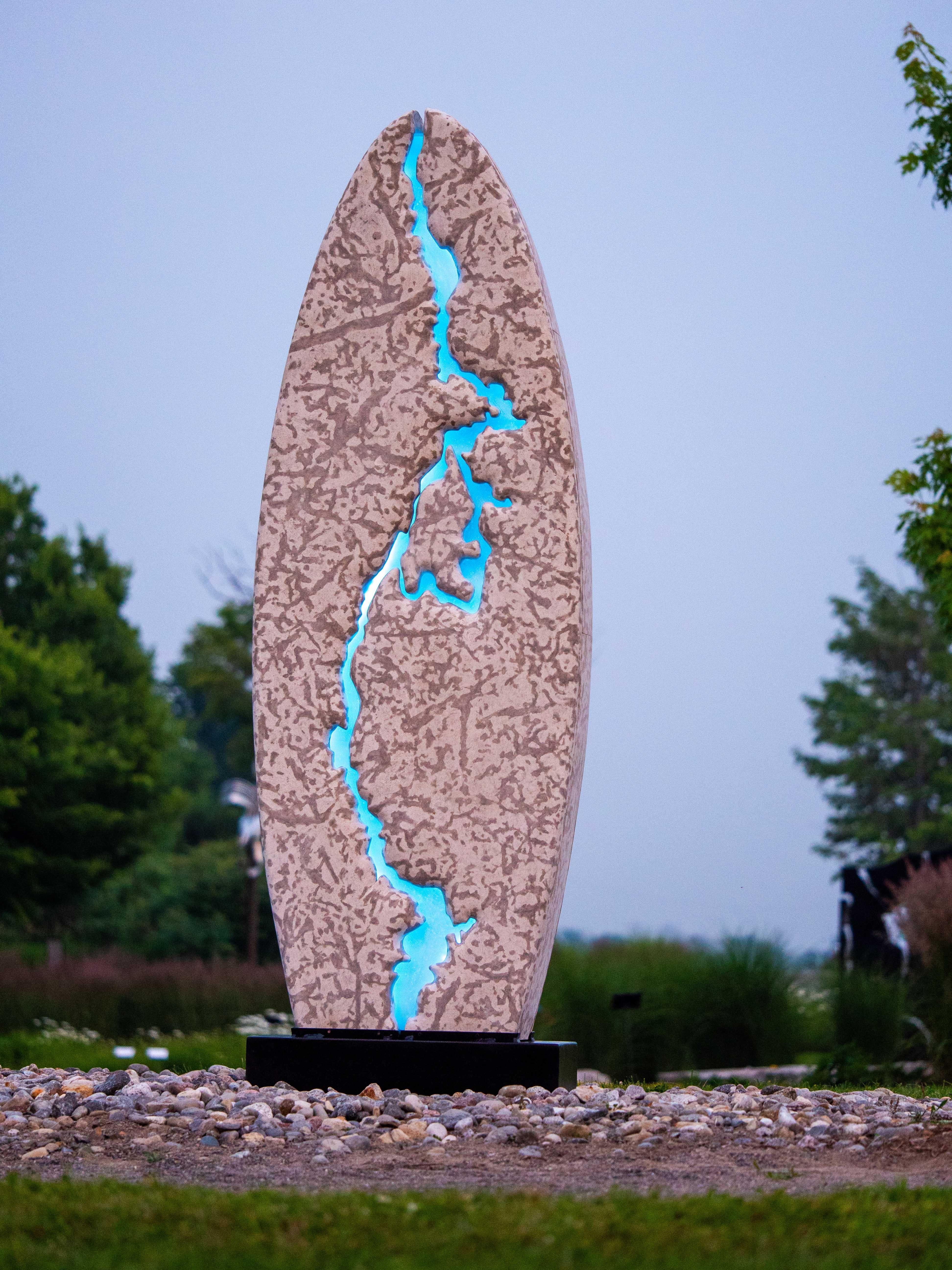 Bloodvein Monolith - large, illuminated, limestone and glass outdoor sculpture For Sale 6