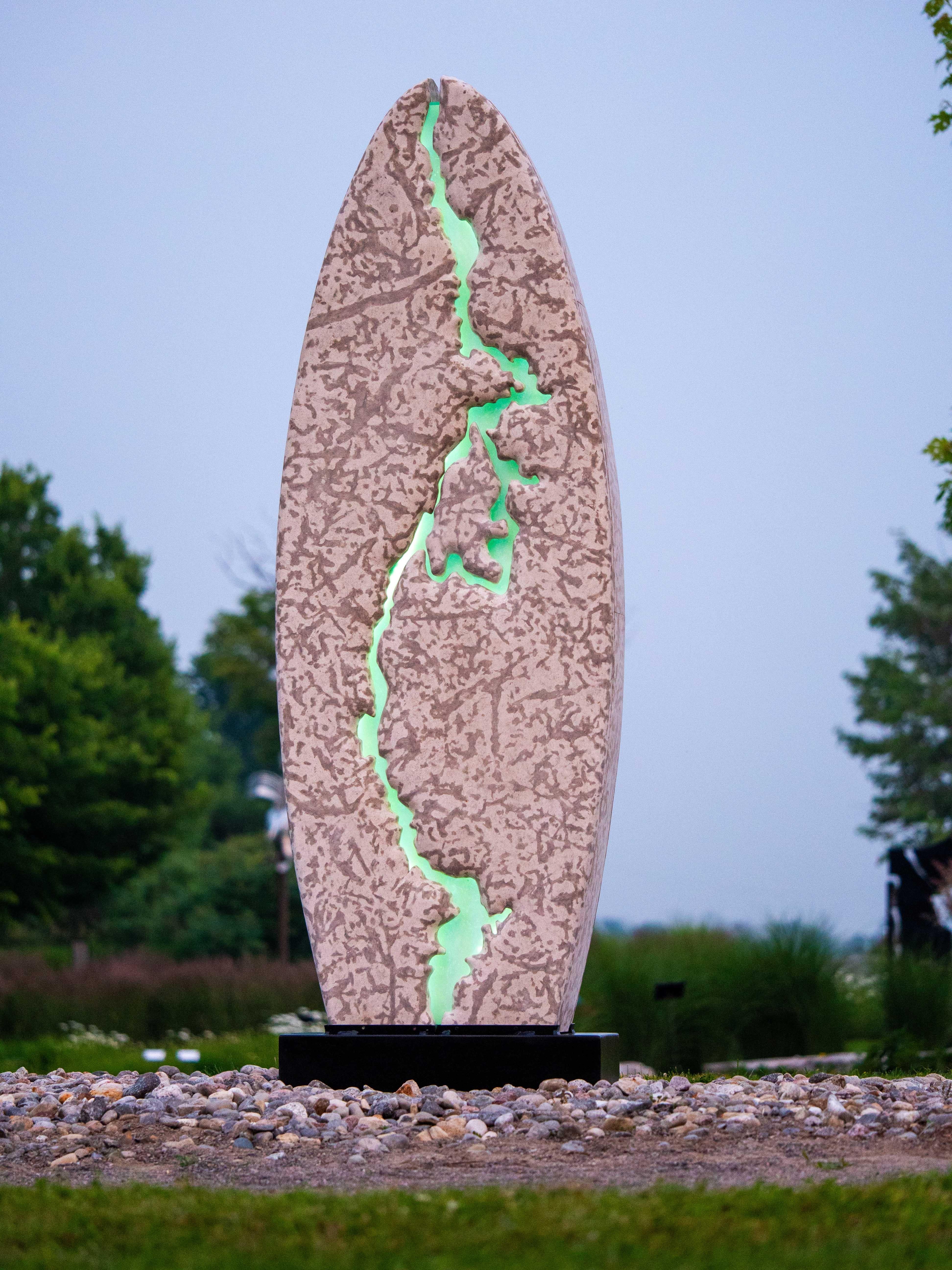 Bloodvein Monolith - large, illuminated, limestone and glass outdoor sculpture For Sale 7