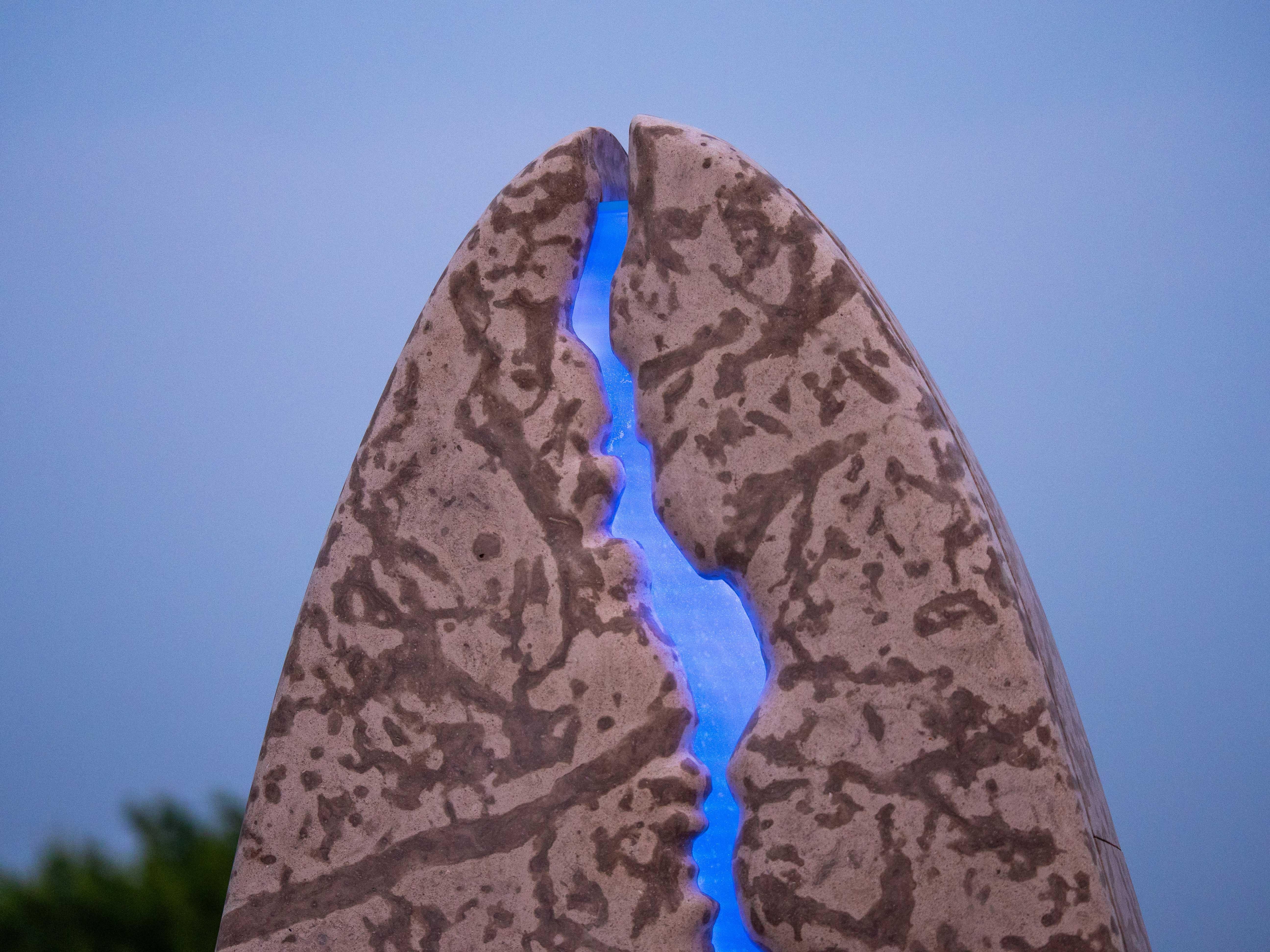 Bloodvein Monolith - large, illuminated, limestone and glass outdoor sculpture For Sale 9