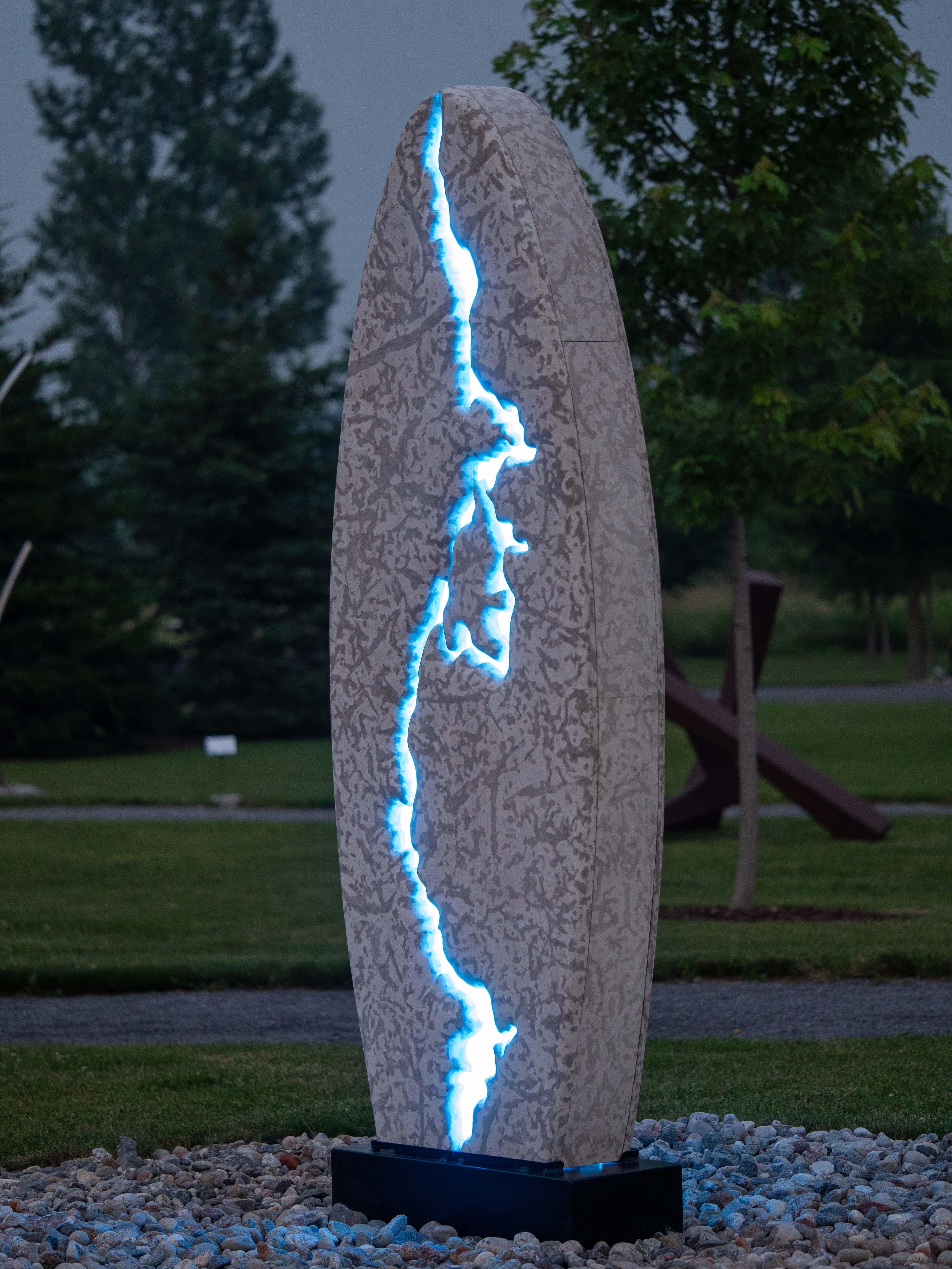 Bloodvein Monolith - large, illuminated, limestone and glass outdoor sculpture For Sale 13
