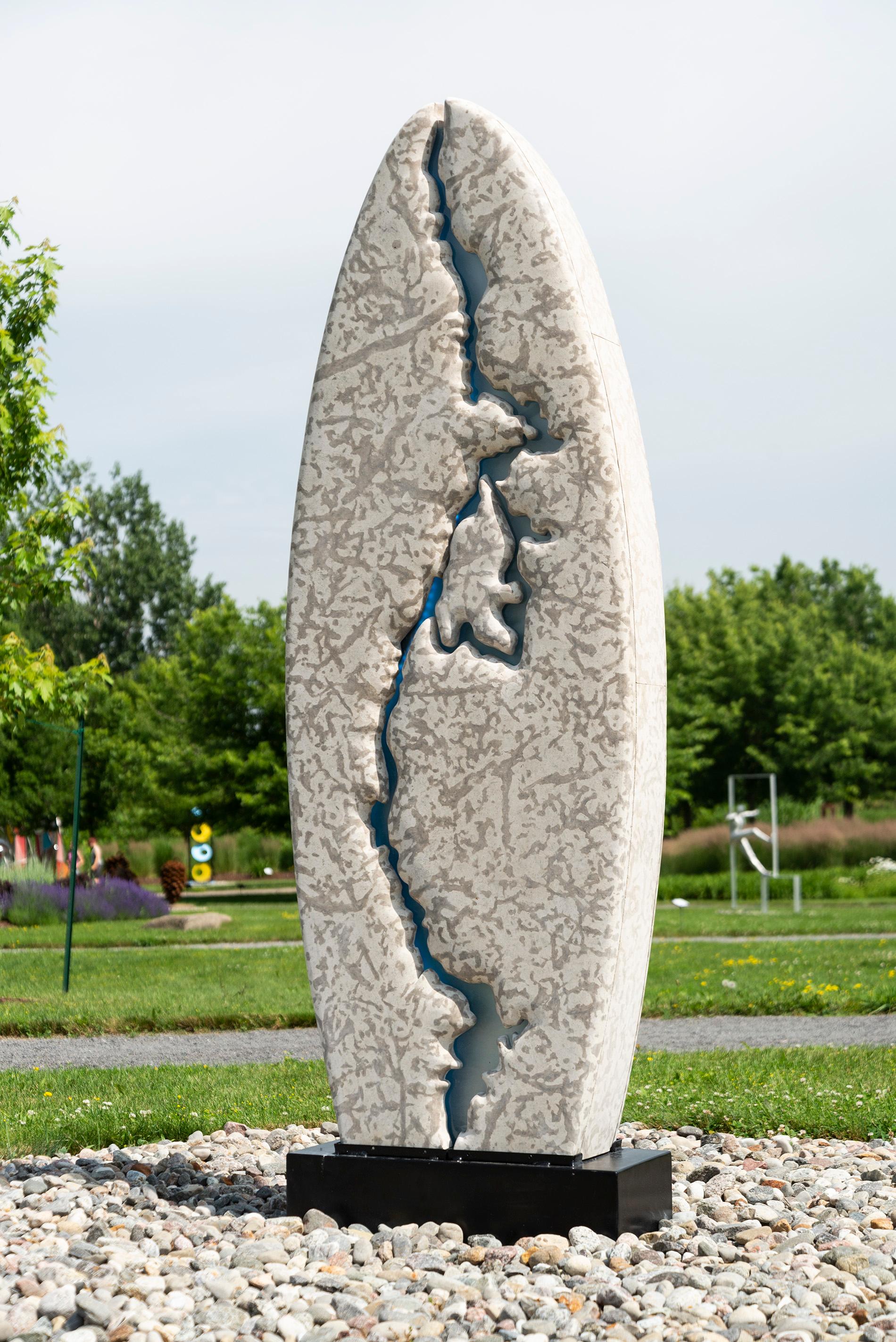 Bloodvein Monolith - large, illuminated, limestone and glass outdoor sculpture - Contemporary Sculpture by David Perrett