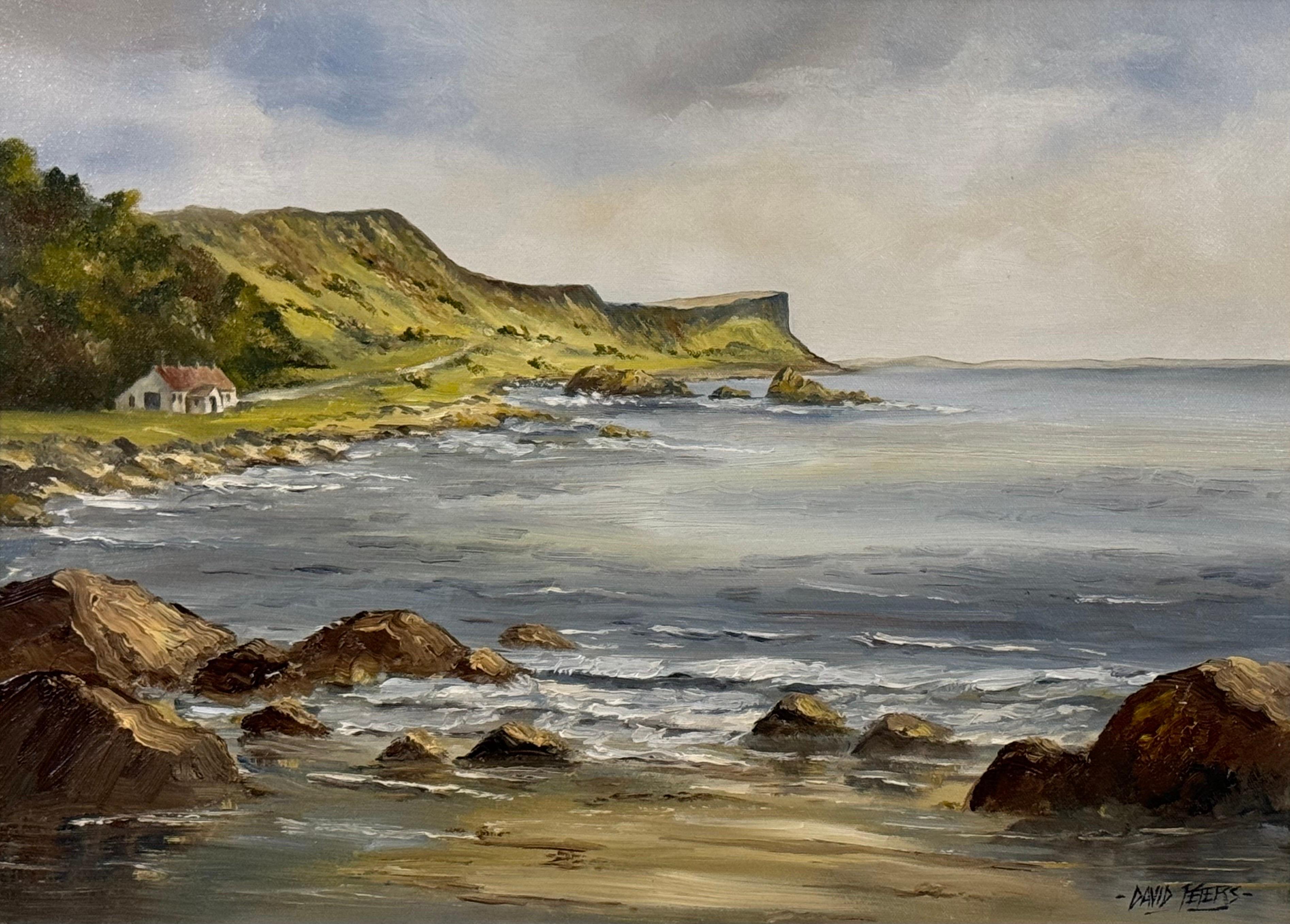 Pintura al óleo de una cabaña en los escarpados acantilados y la costa de Irlanda del Norte - Painting de David Peters
