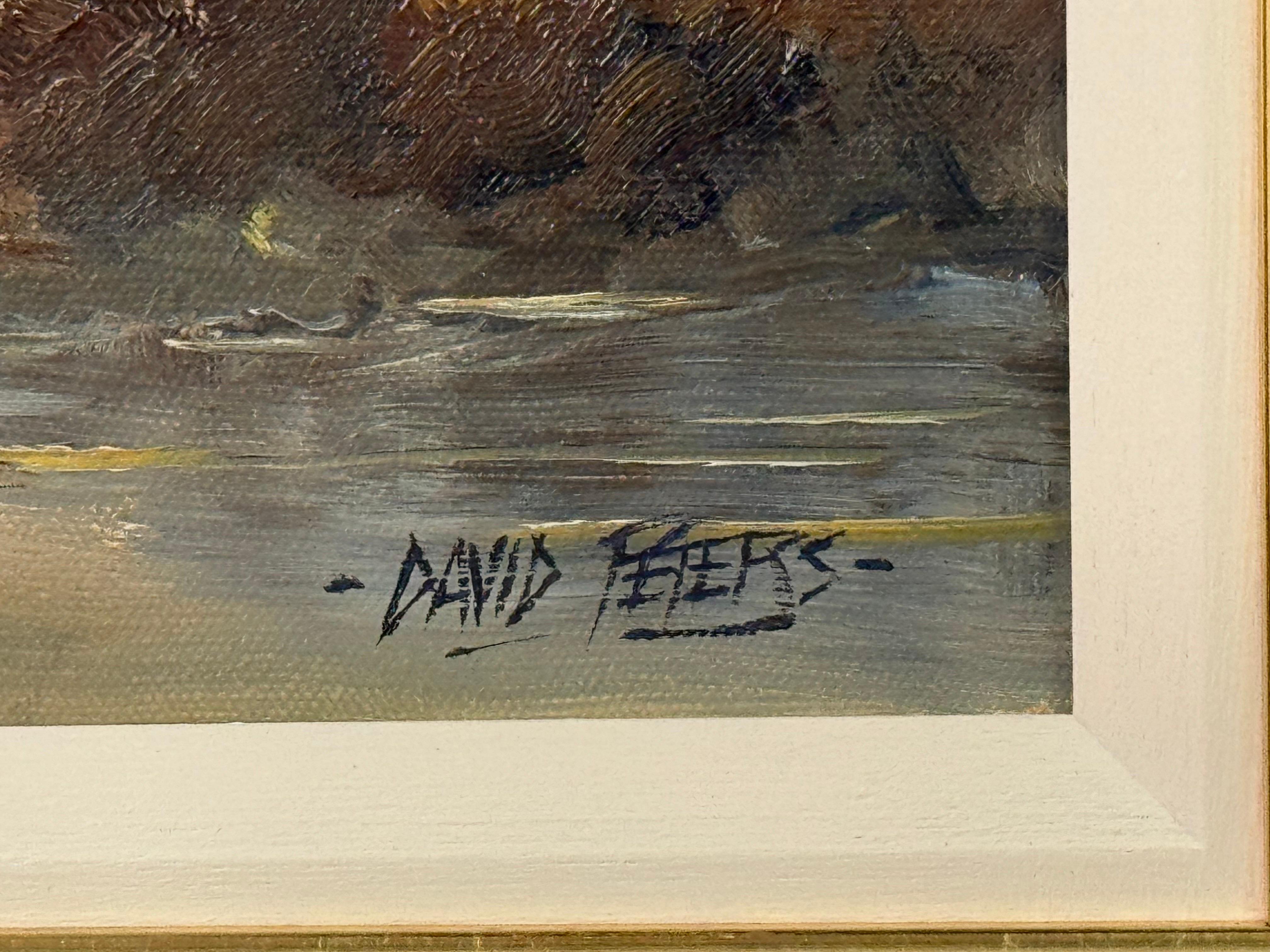 Pintura al óleo de una cabaña en los escarpados acantilados y la costa de Irlanda del Norte - Painting Realista de David Peters