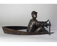 "Oarsman" two piece bronze sculpture of man in rowboat