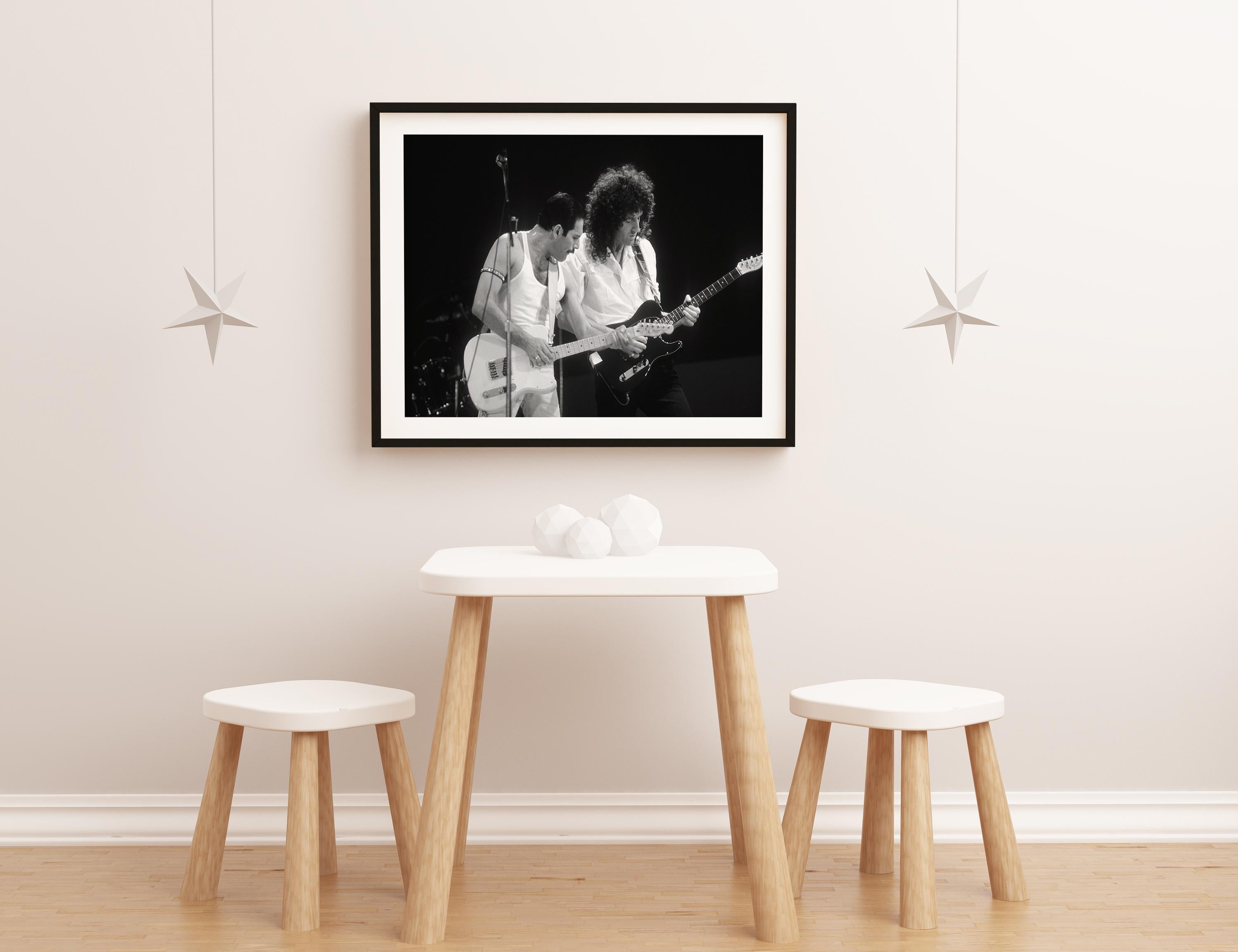 Brian May and Freddie Mercury of Queen Performing Fine Art Print - Black Portrait Photograph by David Plastik