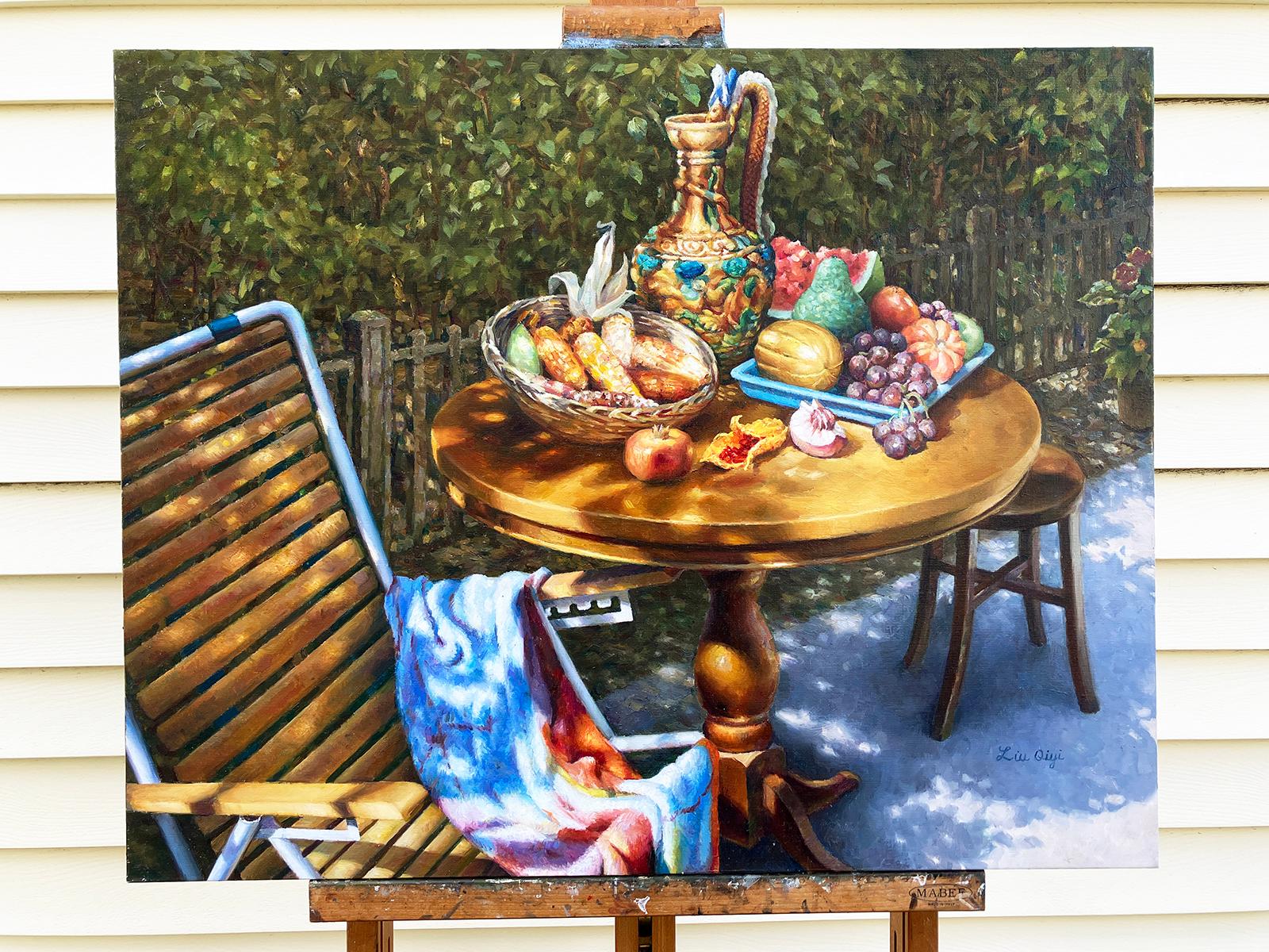 <p>Artist Comments<br>A sunlit outdoor scene features a spread of fresh produce on a wooden table, accompanied by a folded cloth draped over a chair. Layered glazing techniques and delicate textured brushwork render the warm light, rich reflections,