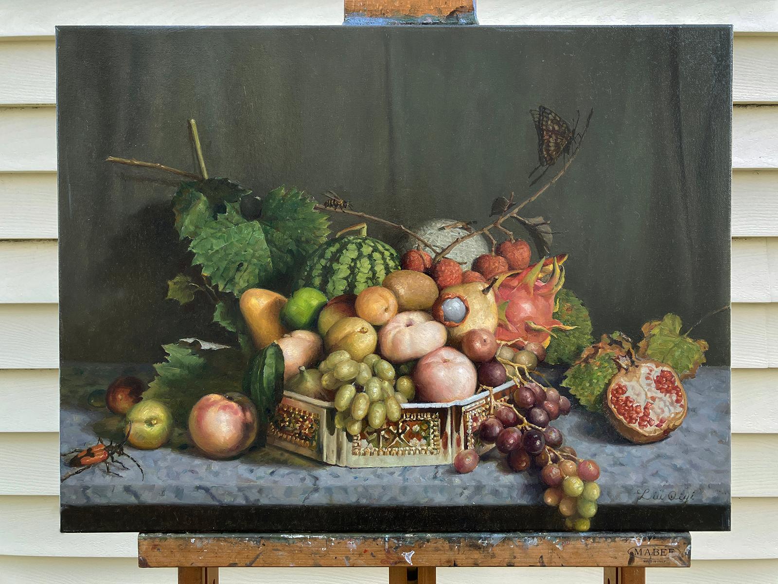 <p>Artist Comments<br>A still life of fruits unfolds in classical style, where tiny butterflies and insects animate the quiet arrangement. A marble tabletop holds a variety of ripe produce, while delicate creatures perch on twigs or crawl nearby.