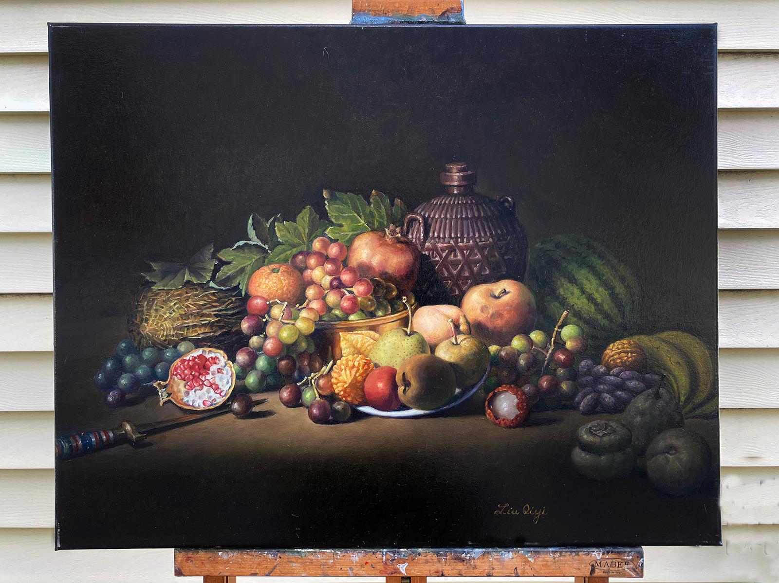 <p>Artist Comments<br>A spread of fruits and ceramics compose this classical still life. A strong, stage-like illumination intensifies the contrasts of light and shadow. Realistic brushwork, combined with layered glazing techniques and finely