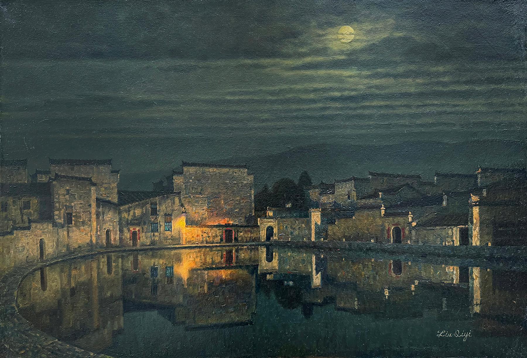 Interior Painting de David Qiyi  Liu - Aldea iluminada por la luna, Pintura al óleo