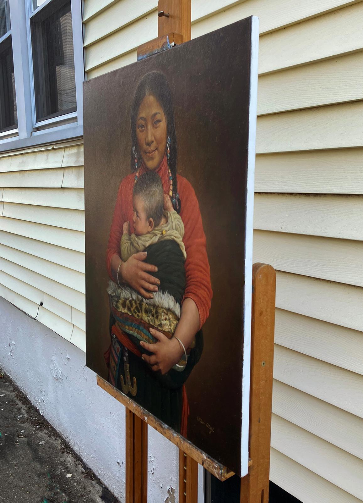 Mère et Child, peinture à l'huile - Painting de David Qiyi  Liu