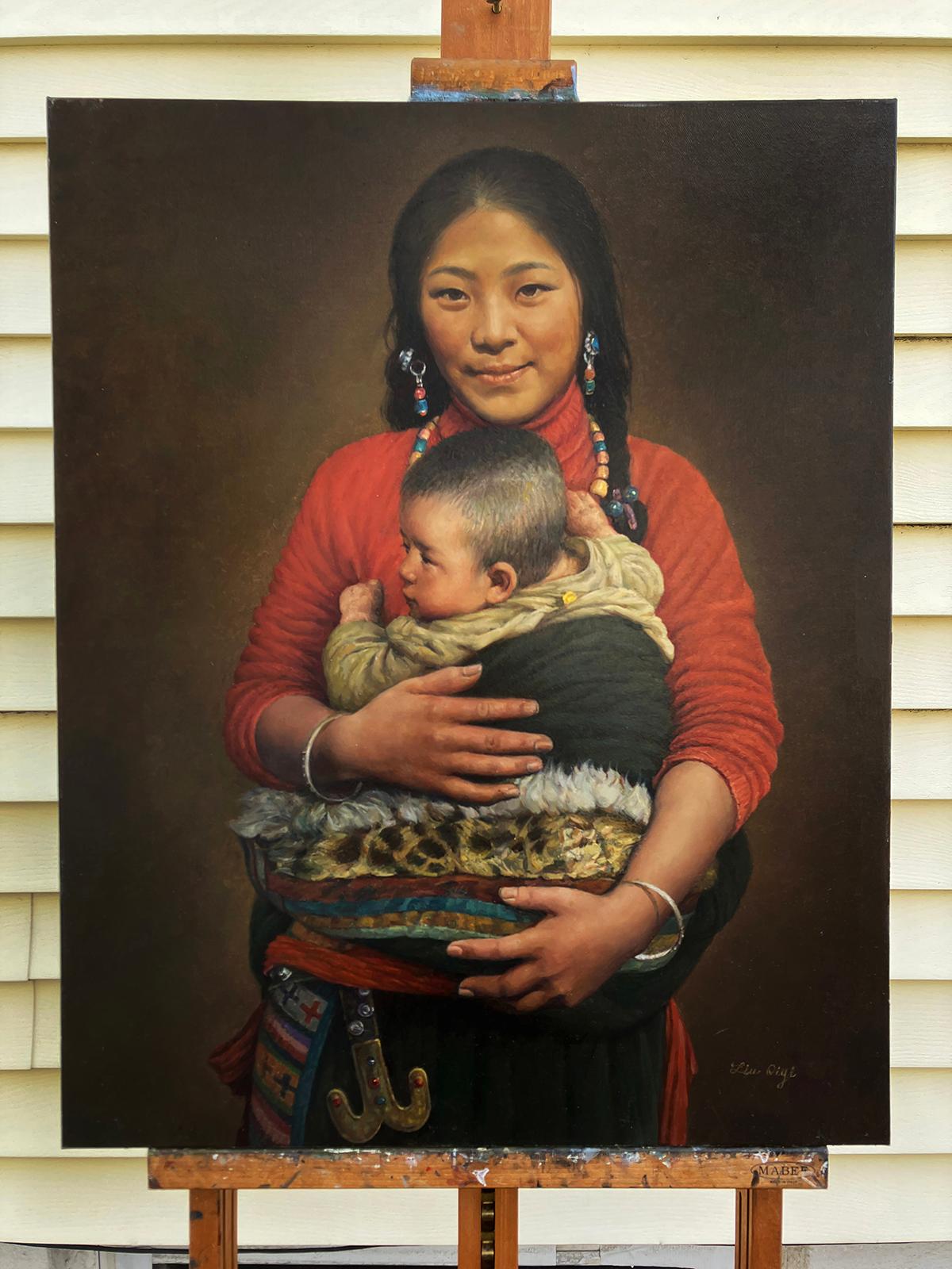 Mère et Child, peinture à l'huile - Réalisme Painting par David Qiyi  Liu