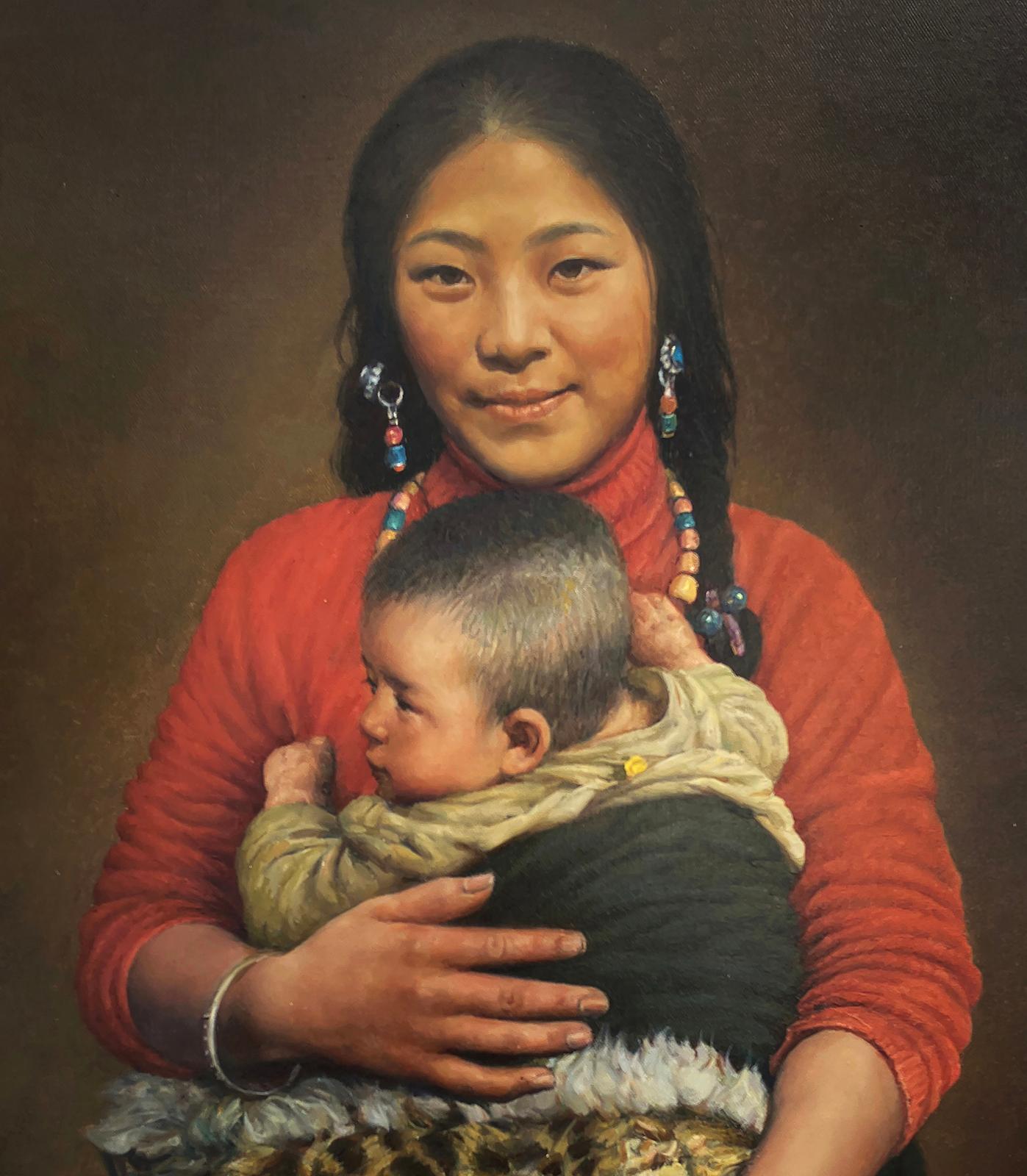 Mère et Child, peinture à l'huile - Noir Figurative Painting par David Qiyi  Liu
