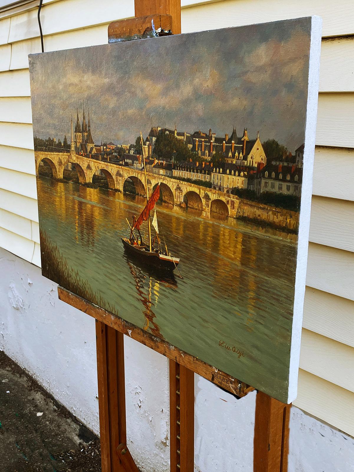 Riverside dans les lueurs du soir, peinture à l'huile - Painting de David Qiyi  Liu