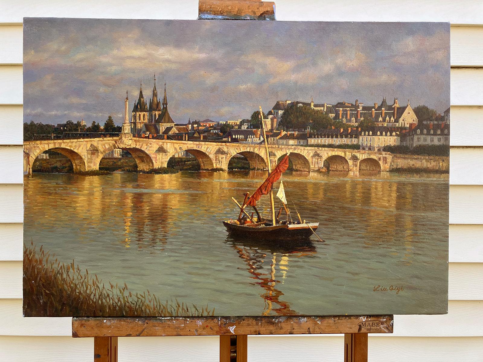 Riverside dans les lueurs du soir, peinture à l'huile - Réalisme Painting par David Qiyi  Liu