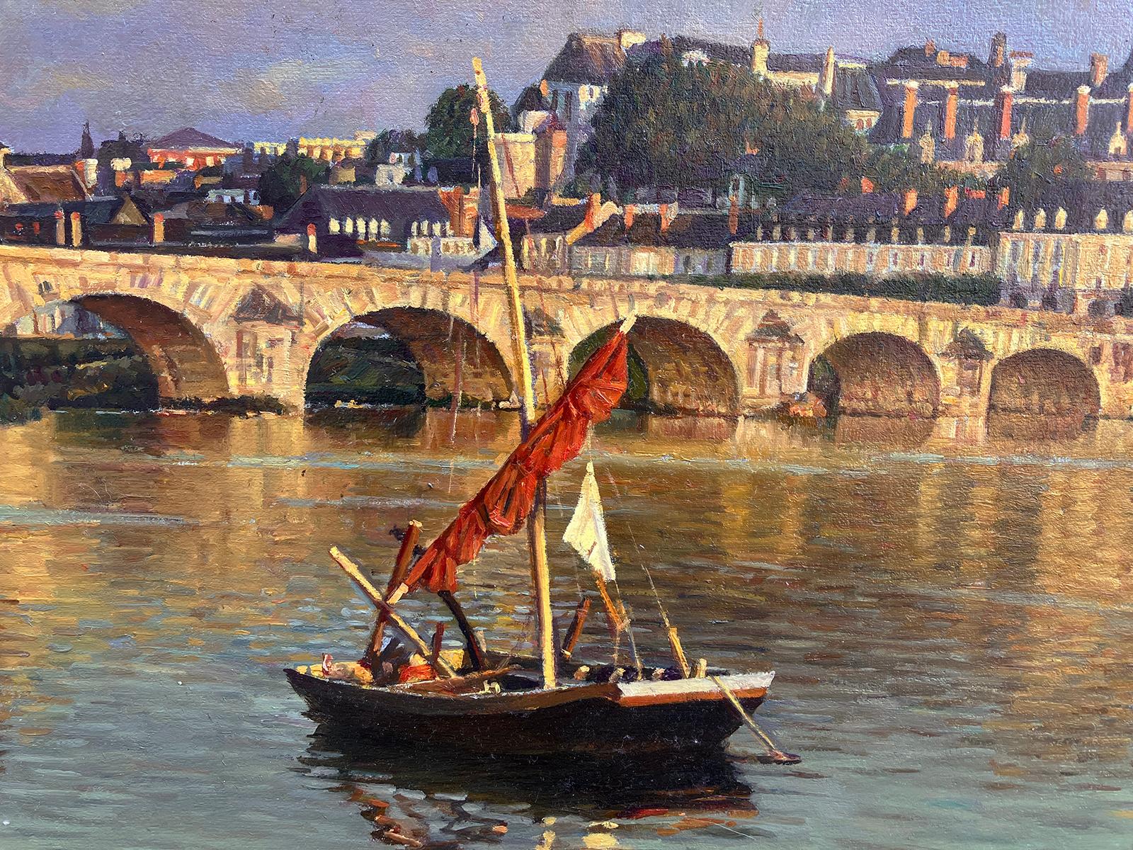Riverside dans les lueurs du soir, peinture à l'huile - Marron Landscape Painting par David Qiyi  Liu
