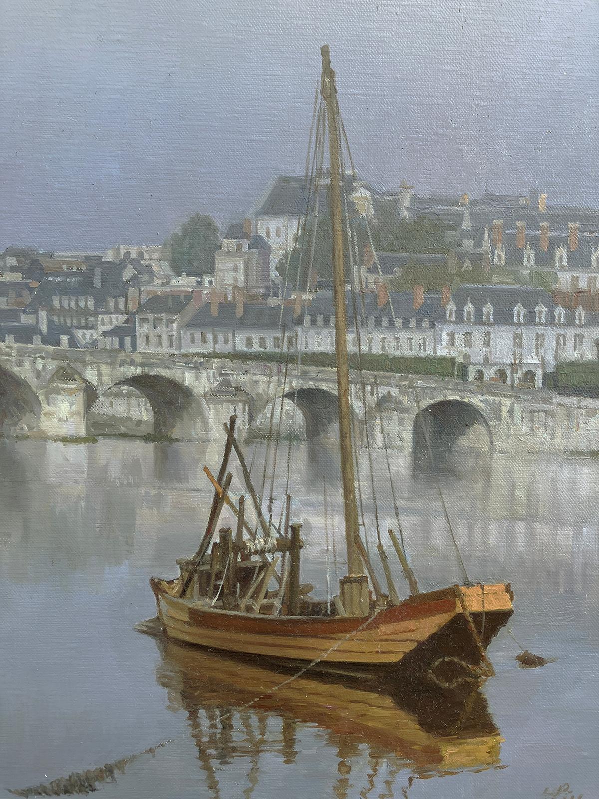 Riverside in the Morning Mist, Ölgemälde (Grau), Interior Painting, von David Qiyi  Liu