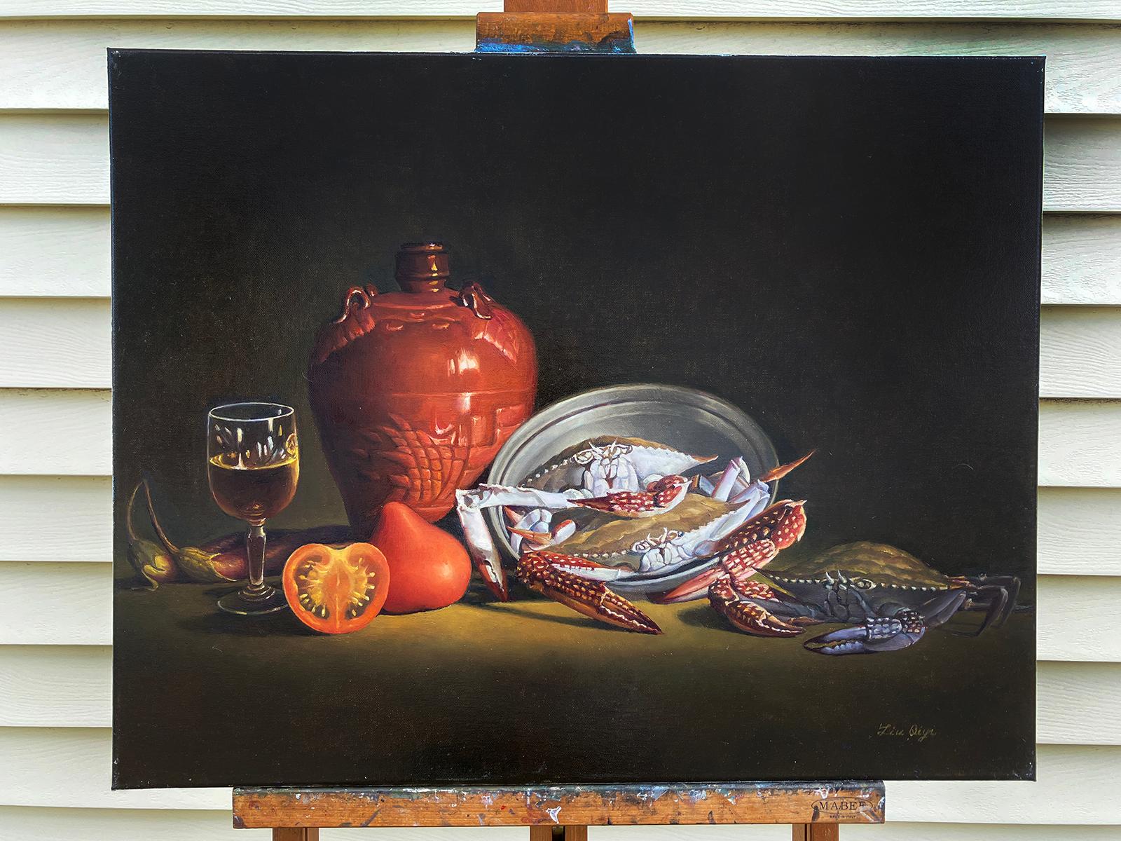 <p>Artist Comments<br>Crabs crawl out of a bowl beside a glass of white wine, sliced fruit, and a red ceramic jar. A dramatic illumination intensifies the contrast of light and shadow in the composition. Classical brushwork, along with layered