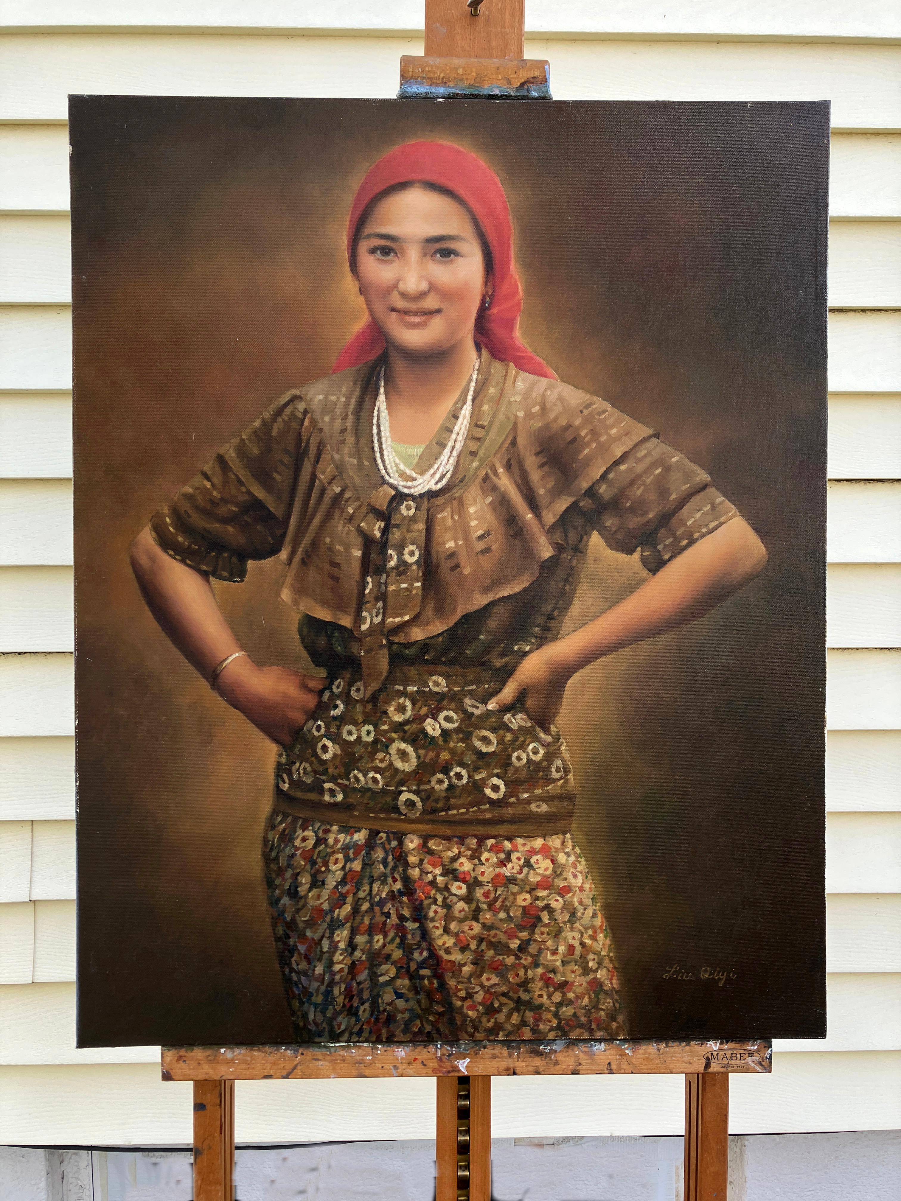 Le foulard rouge, peinture à l'huile - Réalisme Painting par David Qiyi  Liu