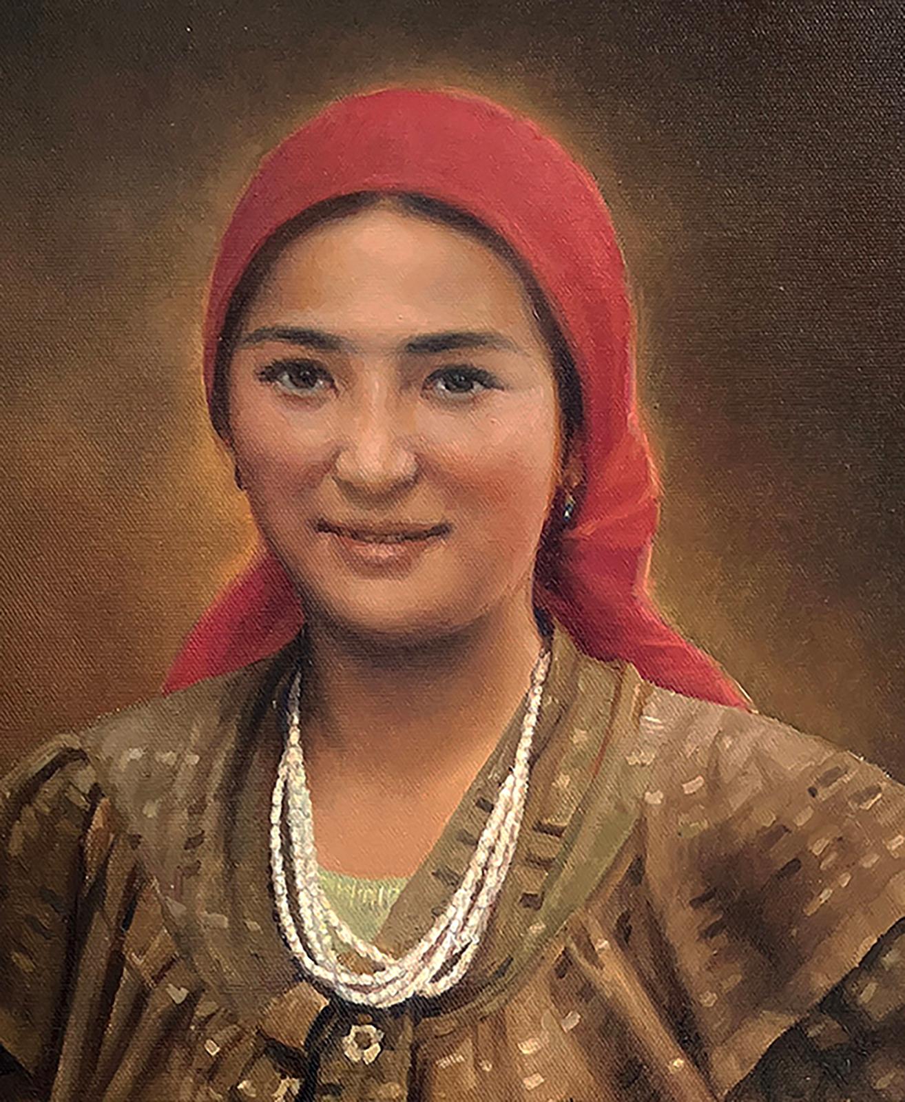 Le foulard rouge, peinture à l'huile - Noir Portrait Painting par David Qiyi  Liu