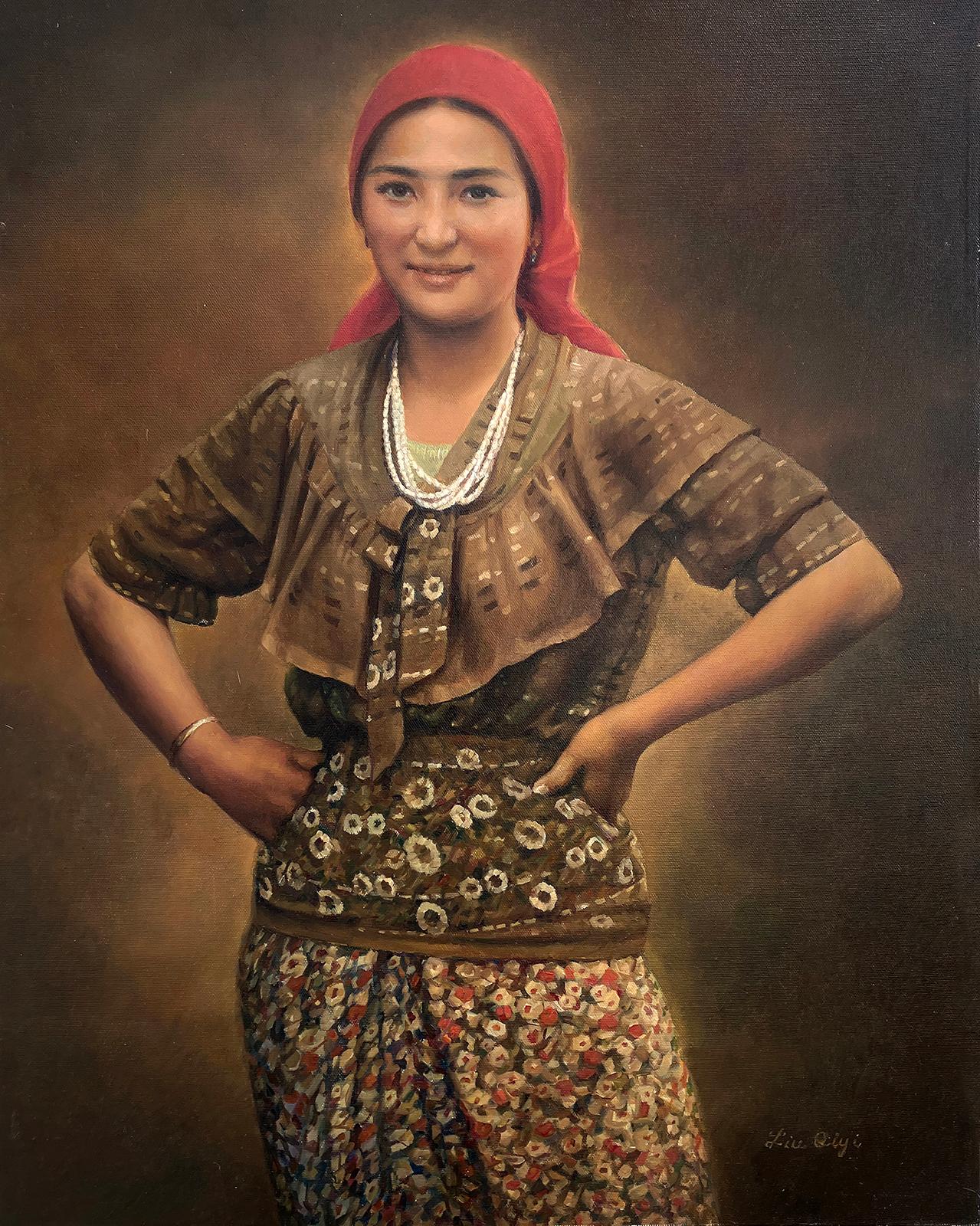 Portrait Painting David Qiyi  Liu - Le foulard rouge, peinture à l'huile