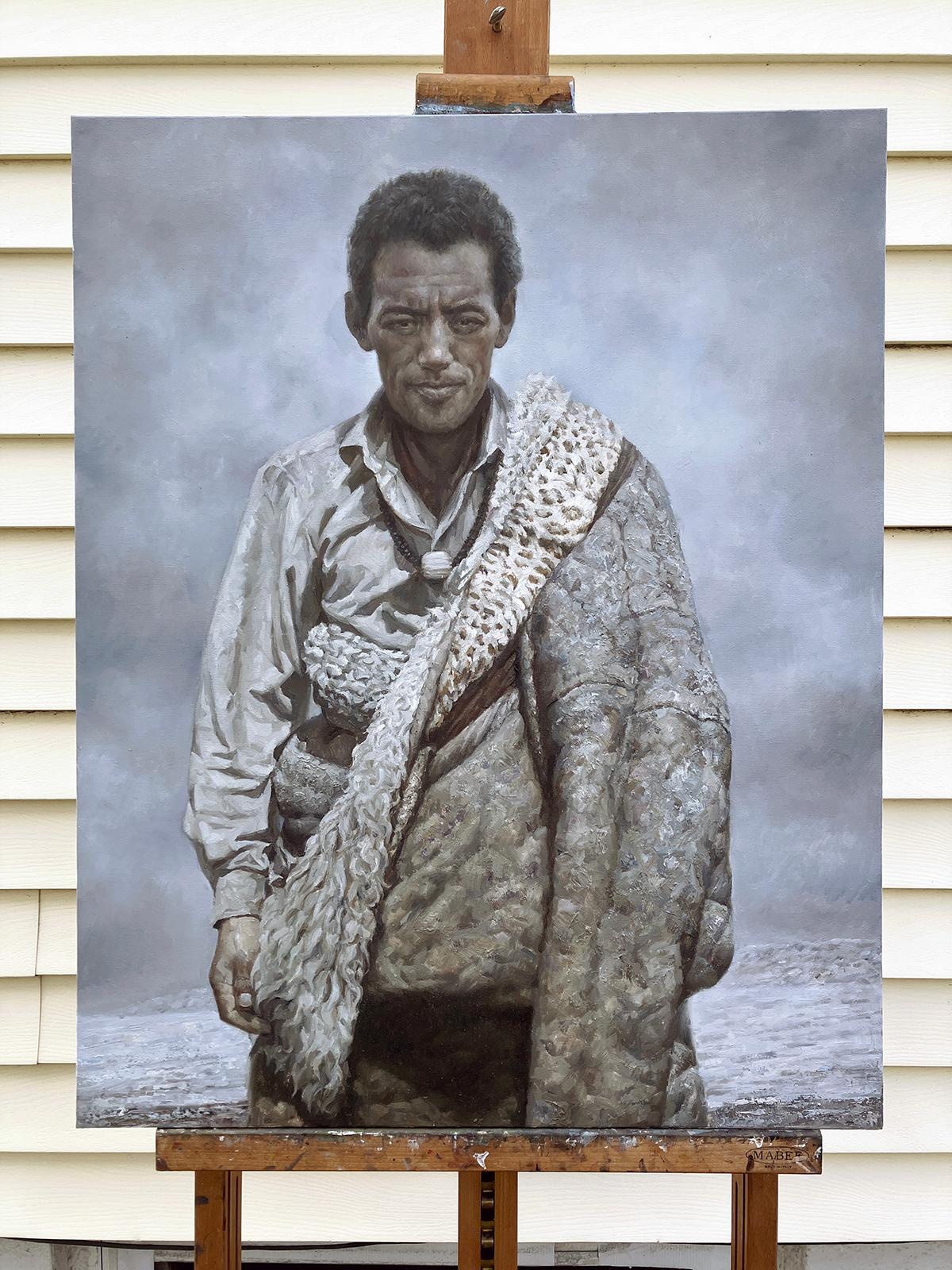 <p>Artist Comments<br>A solitary man stands in a pale, windswept landscape, his weathered face and sheepskin coat conveying resilience and quiet dignity. Textured brushwork and delicate glazing bring out the tactile qualities of fur and skin, while