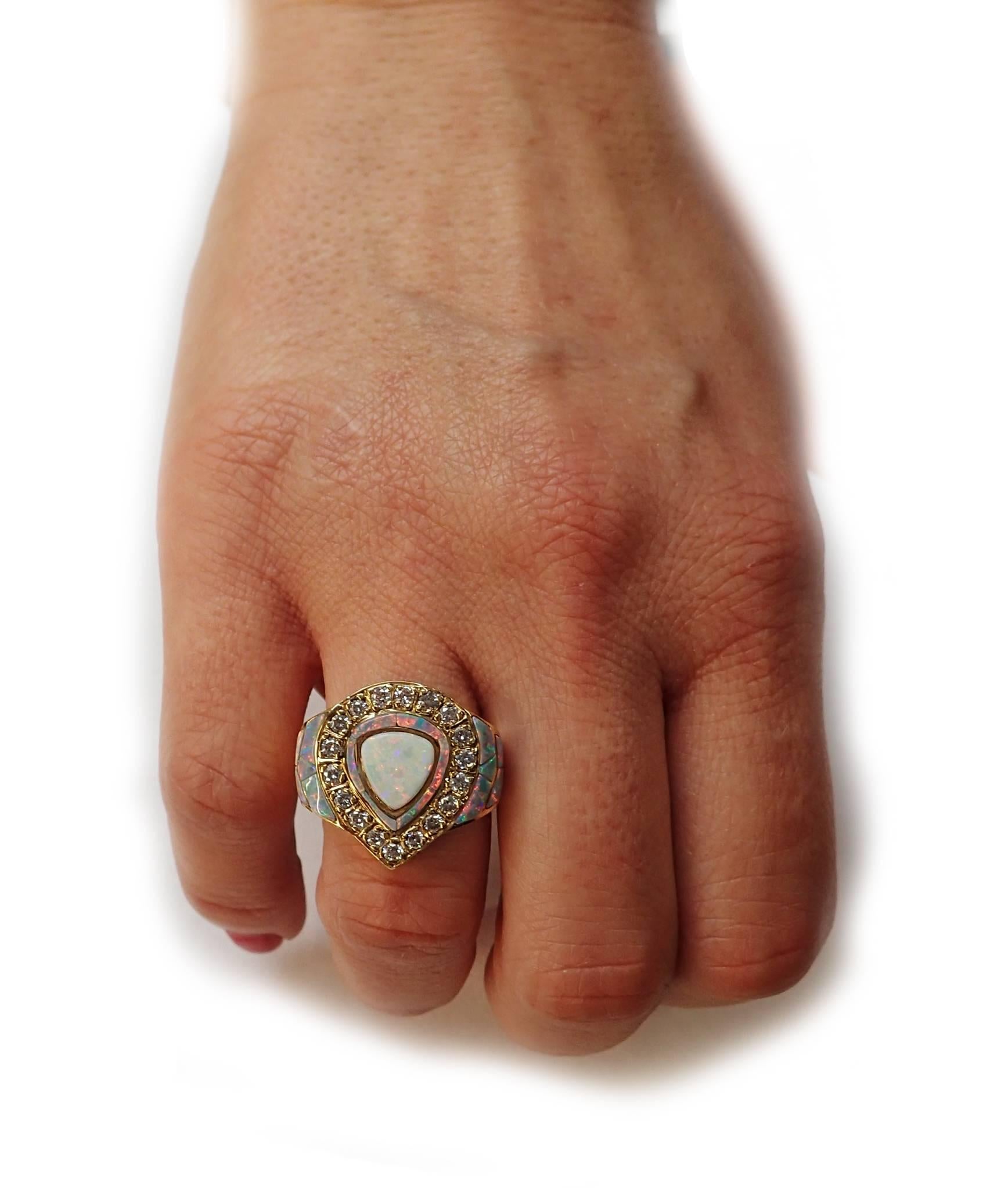 Women's or Men's David R Freeland Opal and Diamond Ring in 18 Karat Yellow Gold