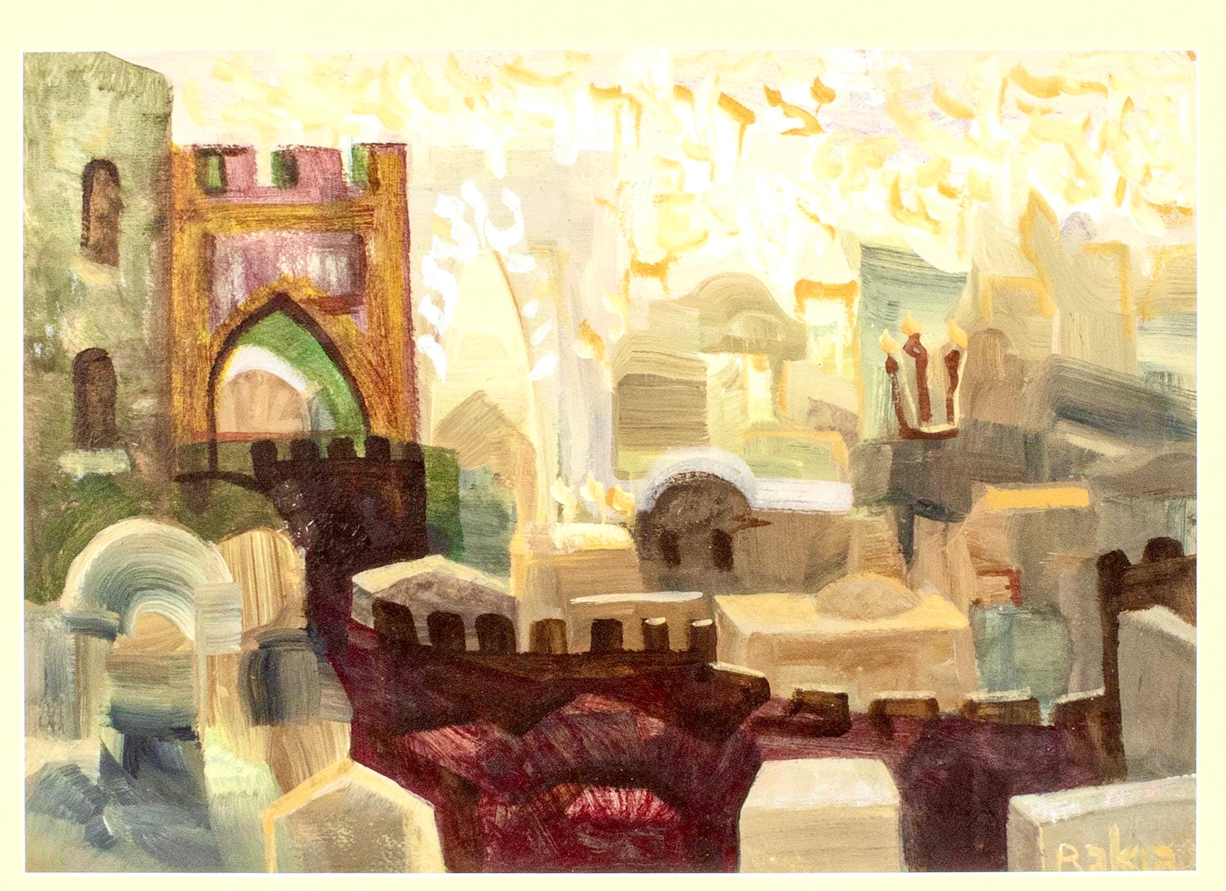 Pintura al óleo mística judía Cábala Paisaje urbano de Jerusalén Letras hebreas Judaica - Painting de David Rakia