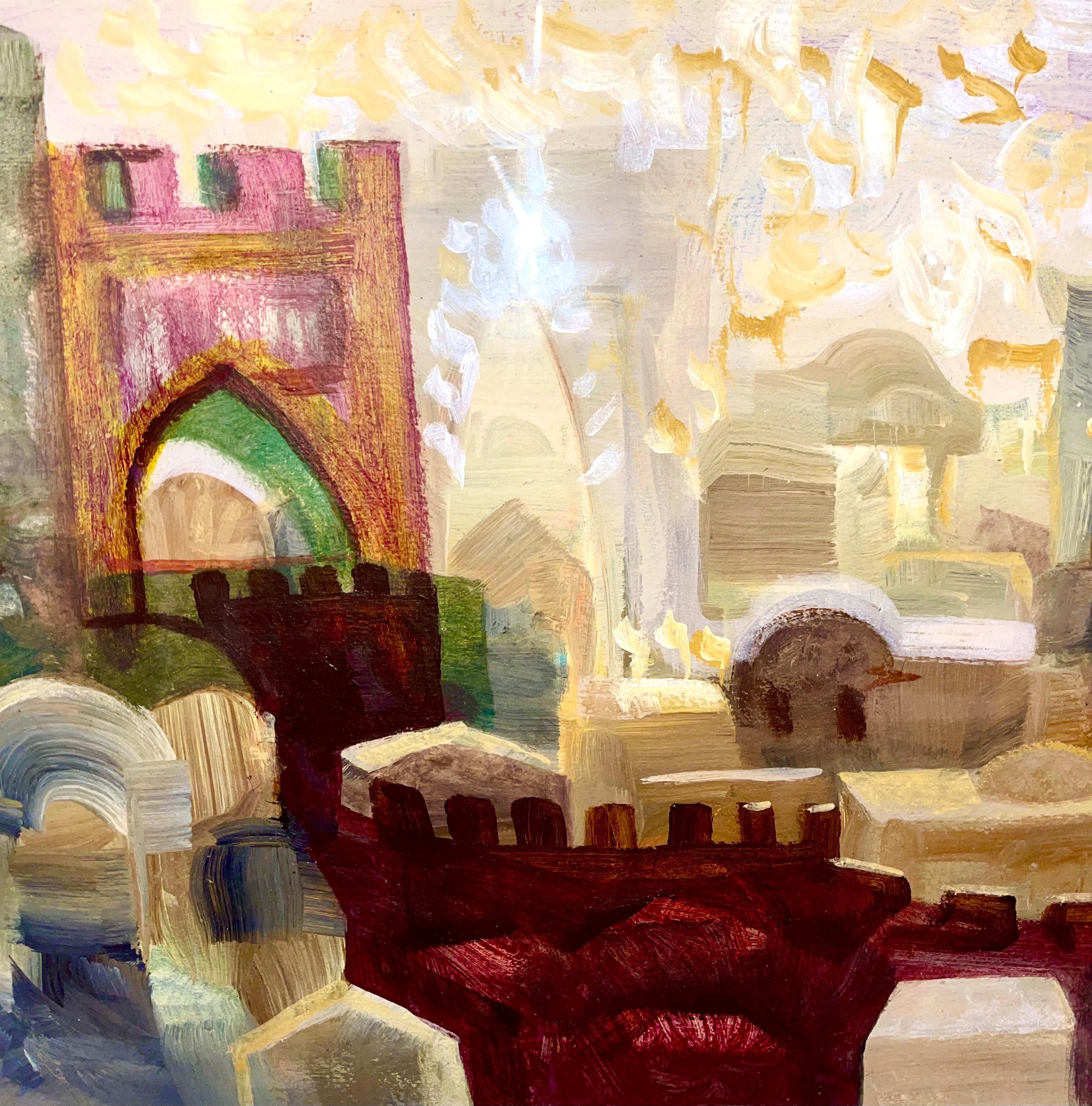 Peinture à l'huile juive mystique Kabbalah de Jérusalem paysage urbain lettres hébraïques judaïques - Surréalisme Painting par David Rakia