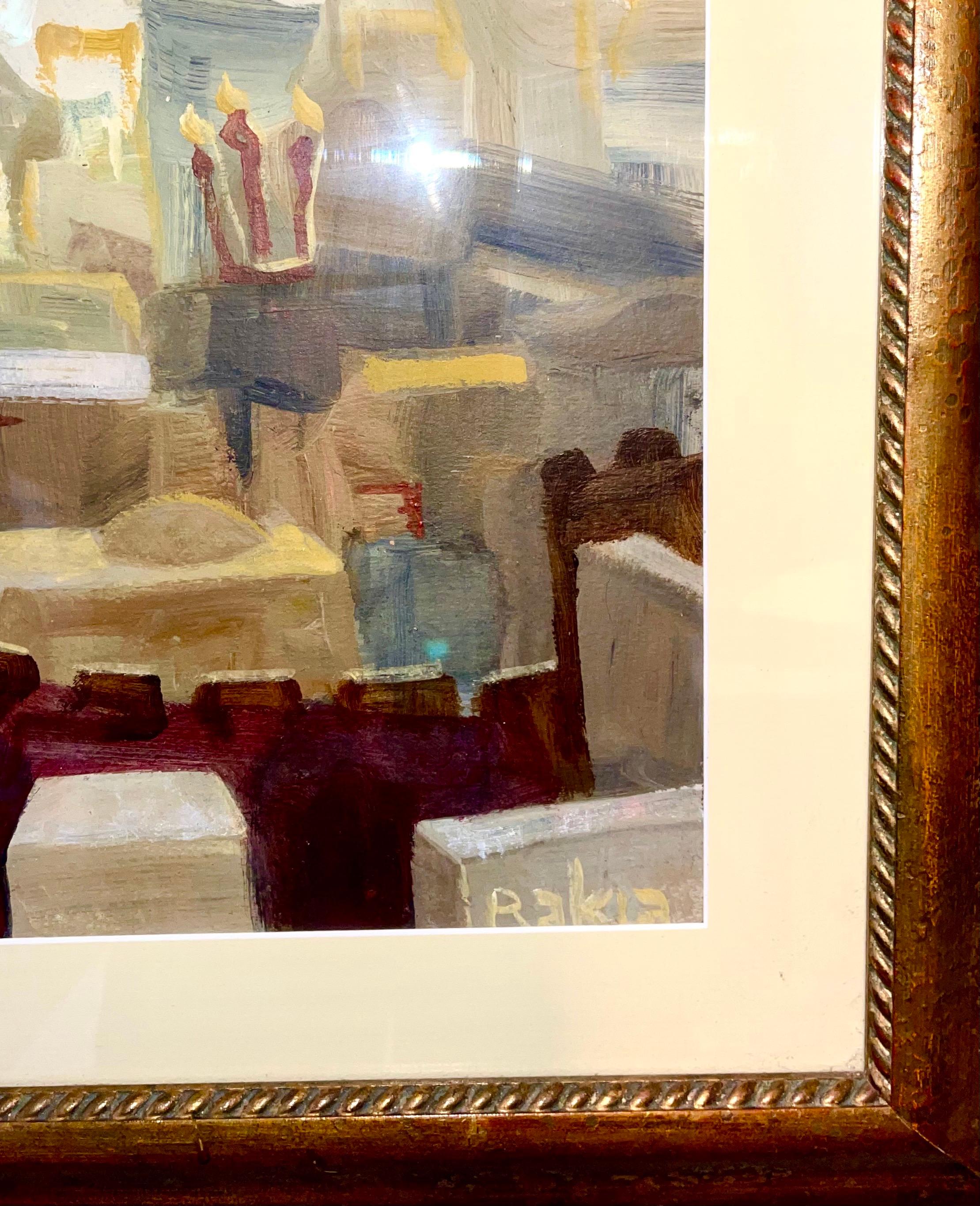 Pintura al óleo mística judía Cábala Paisaje urbano de Jerusalén Letras hebreas Judaica - Abstract Painting Beige de David Rakia