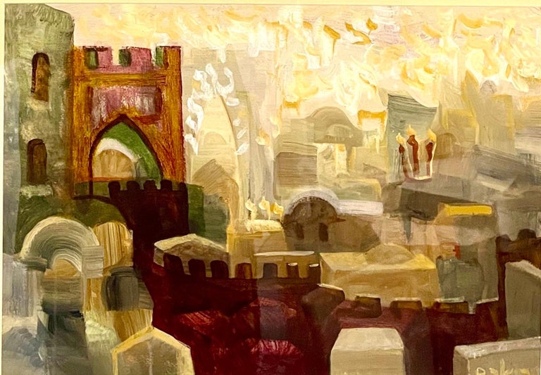 Jewish Mystical Kabbalah Oil Painting Jerusalem Cityscape Hebrew Letters Judaica For Sale 2