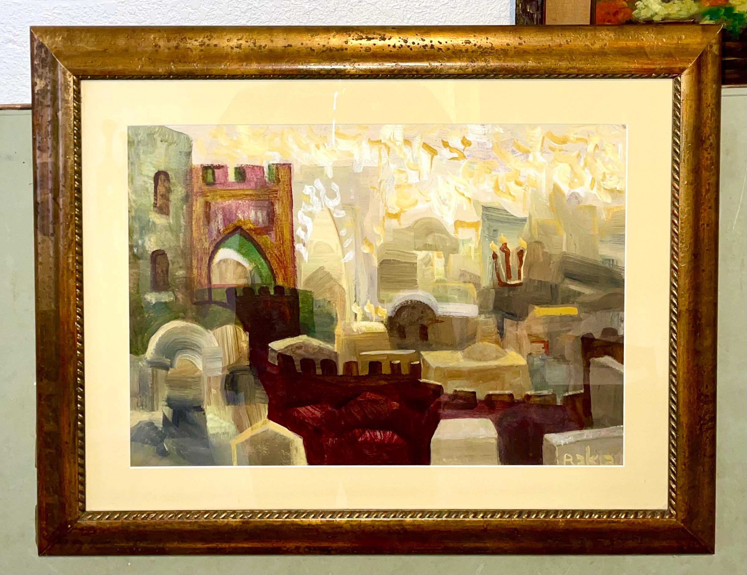 Peinture à l'huile juive mystique Kabbalah de Jérusalem paysage urbain lettres hébraïques judaïques en vente 1