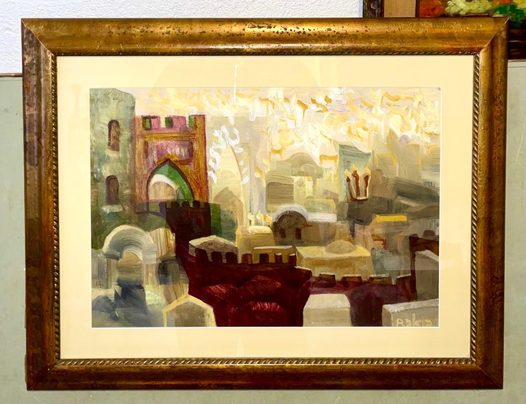 Jewish Mystical Kabbalah Oil Painting Jerusalem Cityscape Hebrew Letters Judaica For Sale 3