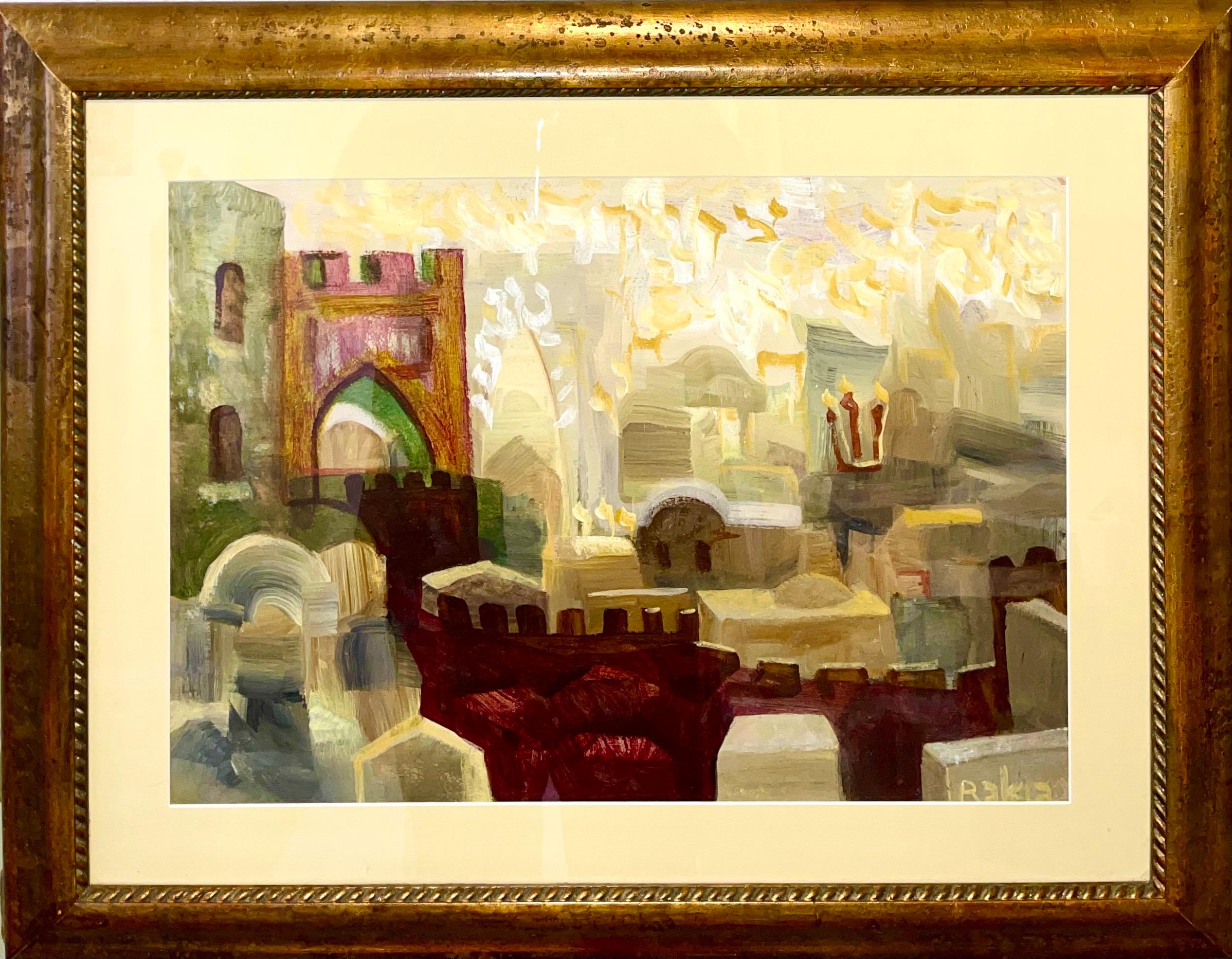 Abstract Painting David Rakia - Peinture à l'huile juive mystique Kabbalah de Jérusalem paysage urbain lettres hébraïques judaïques