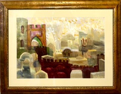 Peinture à l'huile juive mystique Kabbalah de Jérusalem paysage urbain lettres hébraïques judaïques